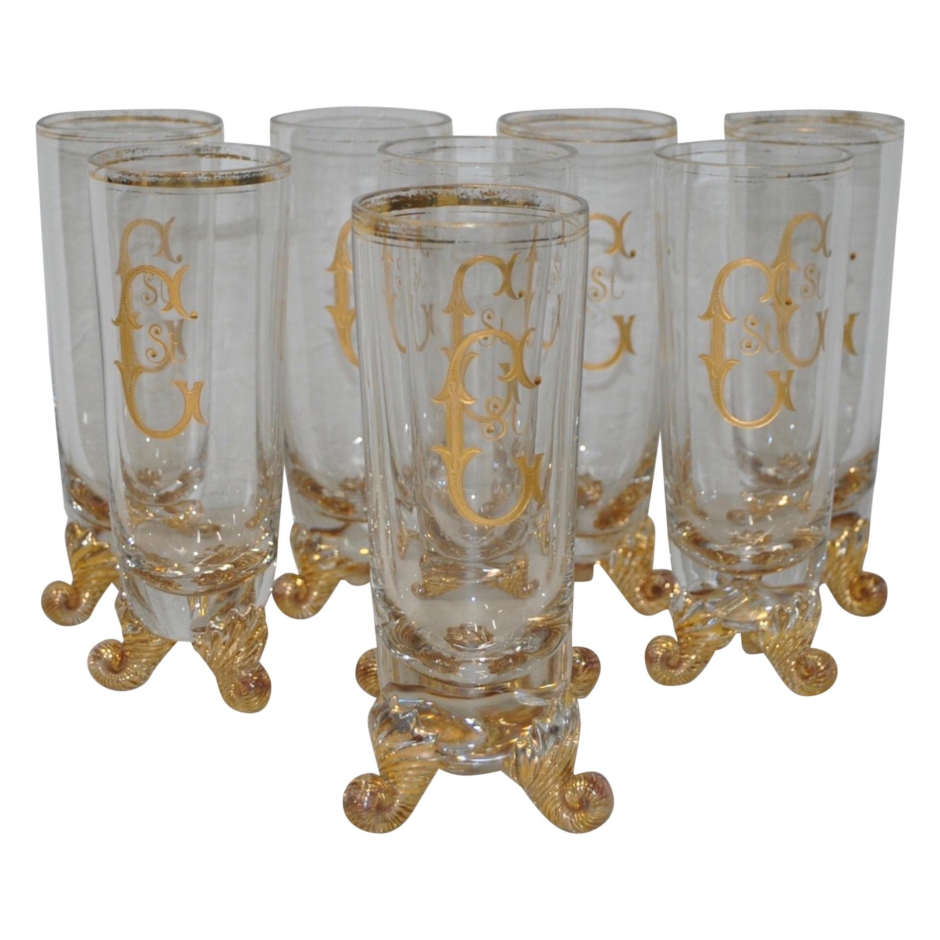 Set of Eight Hand Blown and Gilded Venetian "C St." Glasses For Sale