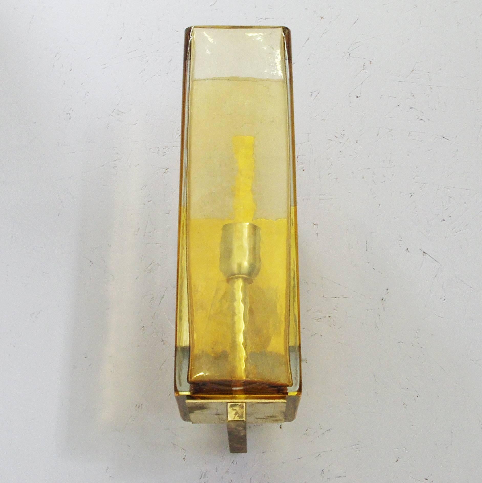 Hand Blown Amber Glass & Brass Sconces by Mazzega- Set of Three In Good Condition For Sale In Los Angeles, CA