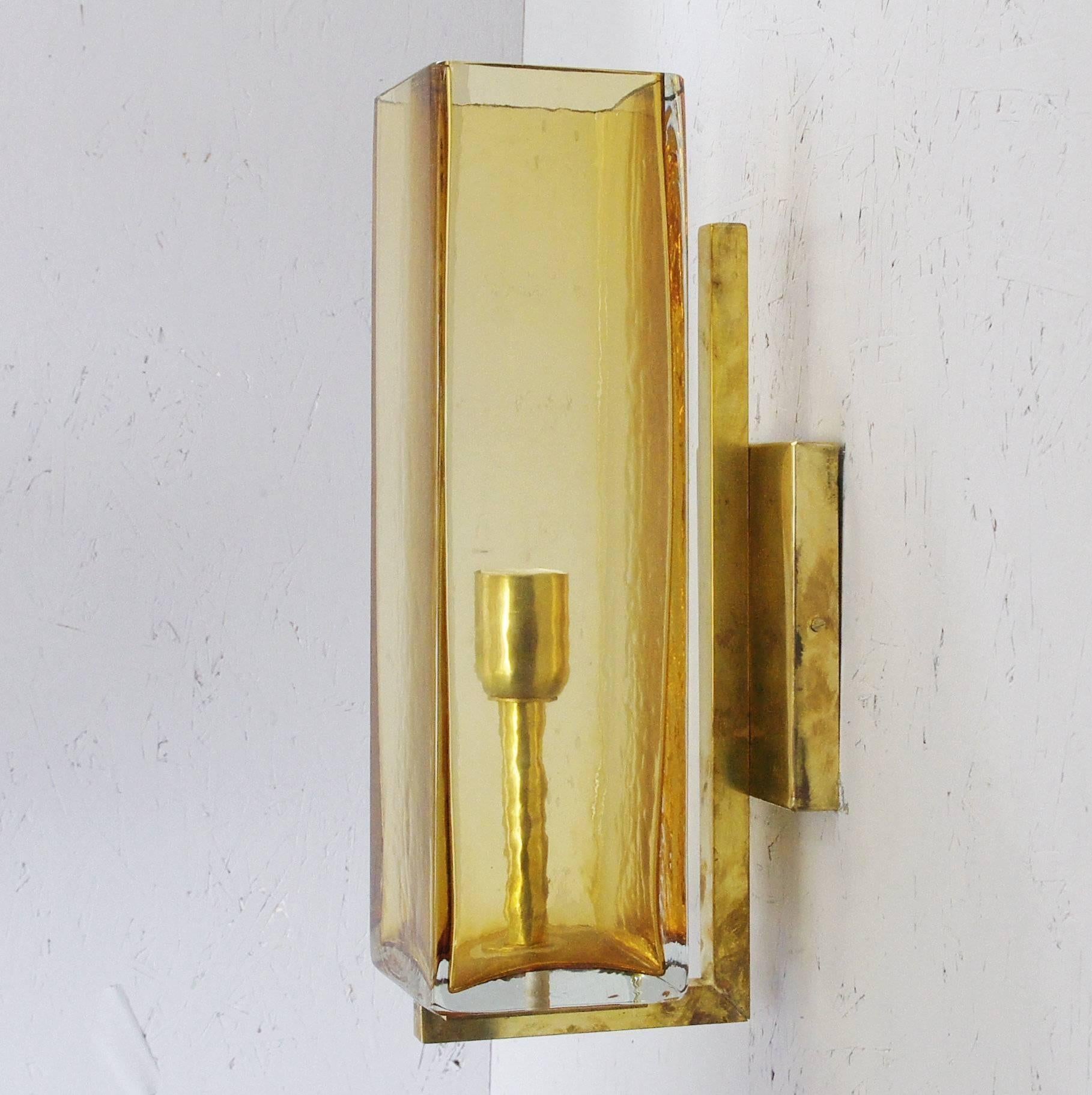 Late 20th Century Hand Blown Amber Glass & Brass Sconces by Mazzega- Set of Three For Sale