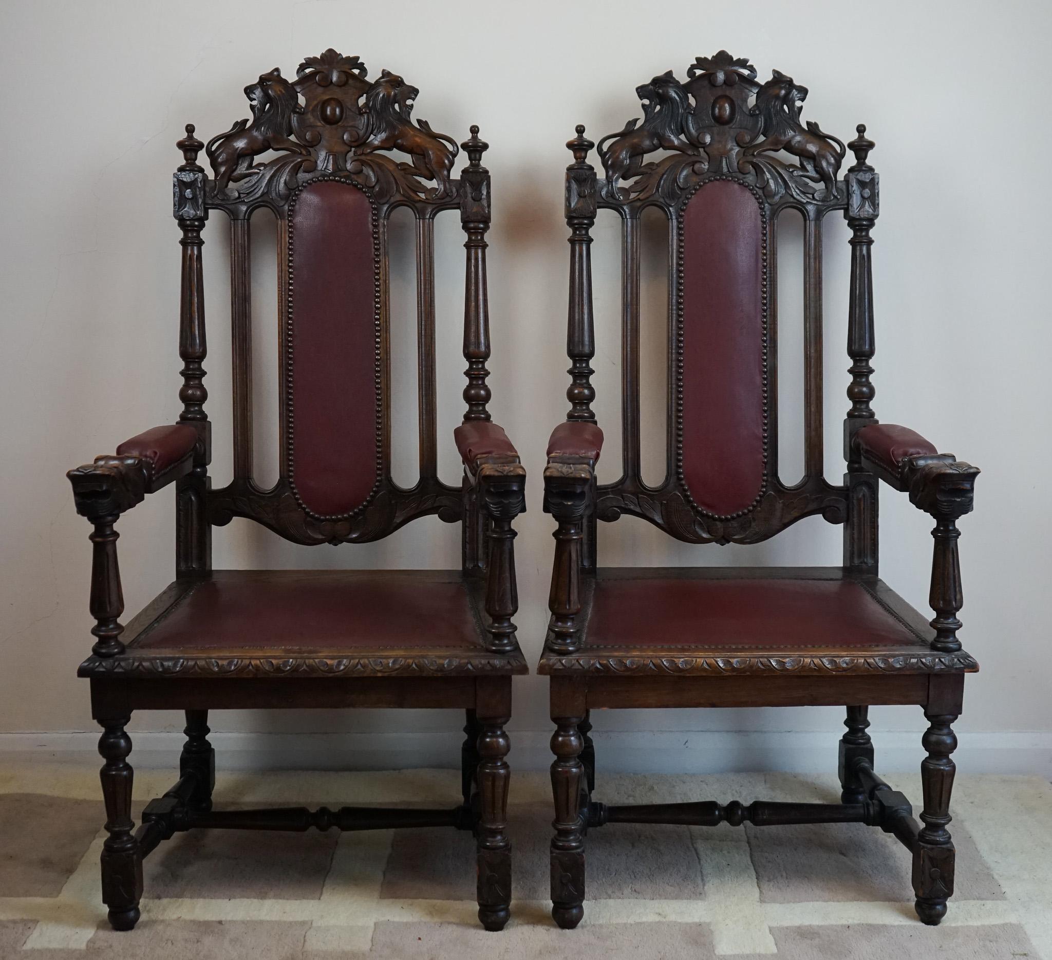 We are delighted to offer for sale this stunning set of eight early Victorian hand-carved oak dining chairs made in the Jacobean
manor.
A set of eight early Victorian dark oak high back dining chairs of Carolean design, including two armchairs,
