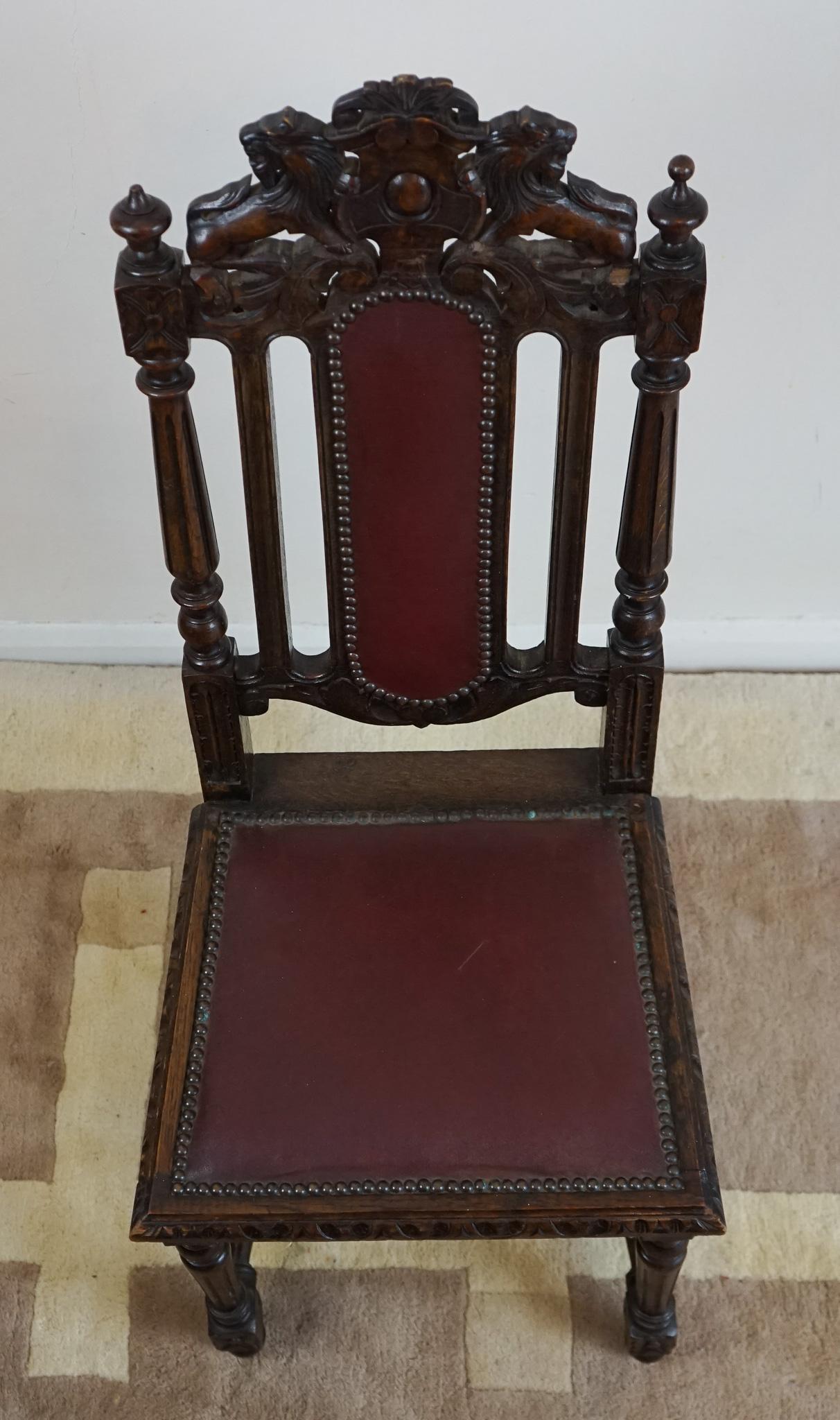 Jacobean Set of Eight Hand- Carved Lion Terminal Victorian Dining Chairs