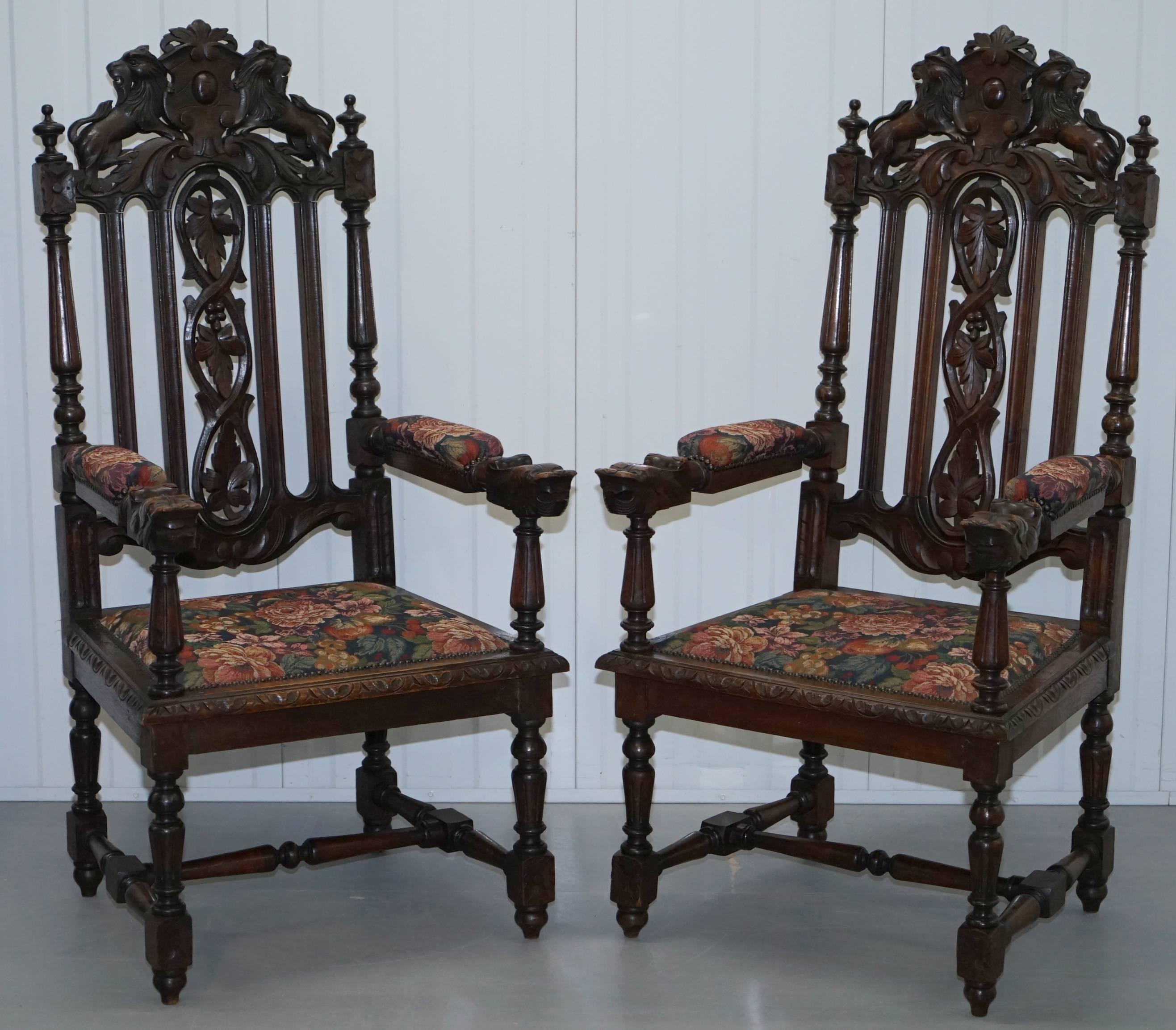 Set of Eight Hand-Carved Lion Terminal Victorian Dining Chairs Jacobean Manor 7