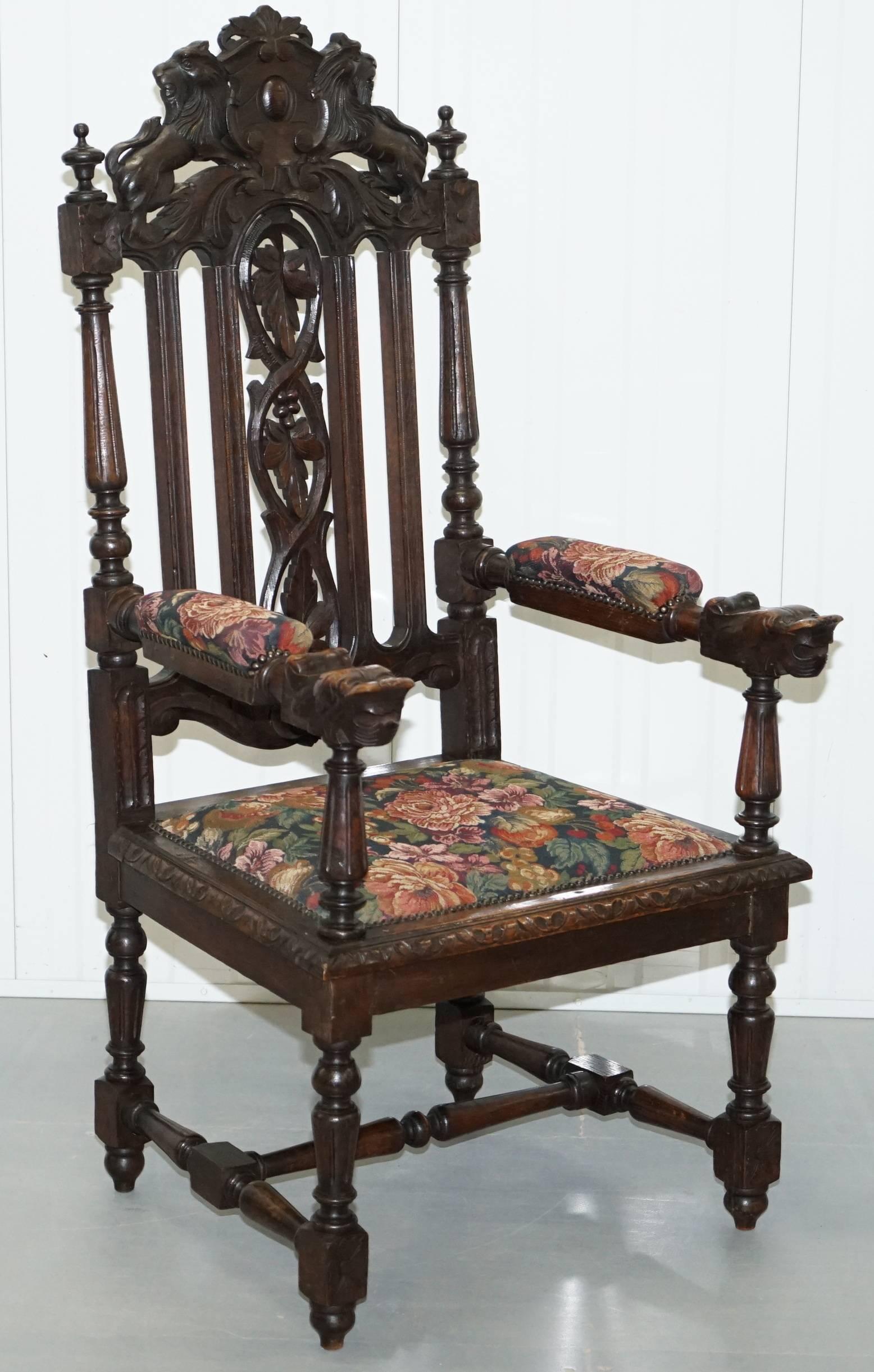 Set of Eight Hand-Carved Lion Terminal Victorian Dining Chairs Jacobean Manor 7