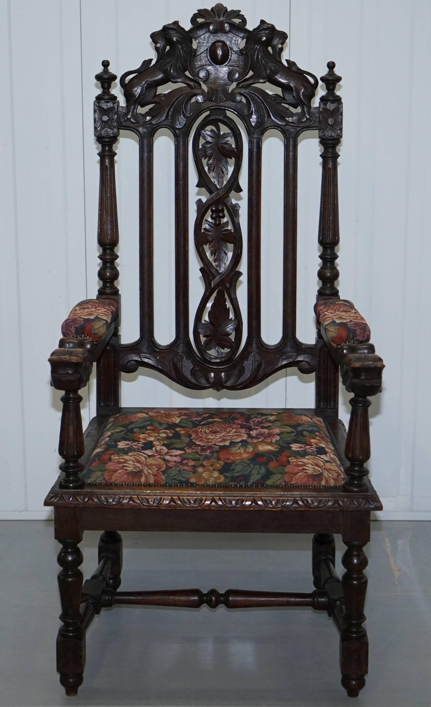 Set of Eight Hand-Carved Lion Terminal Victorian Dining Chairs Jacobean Manor 9