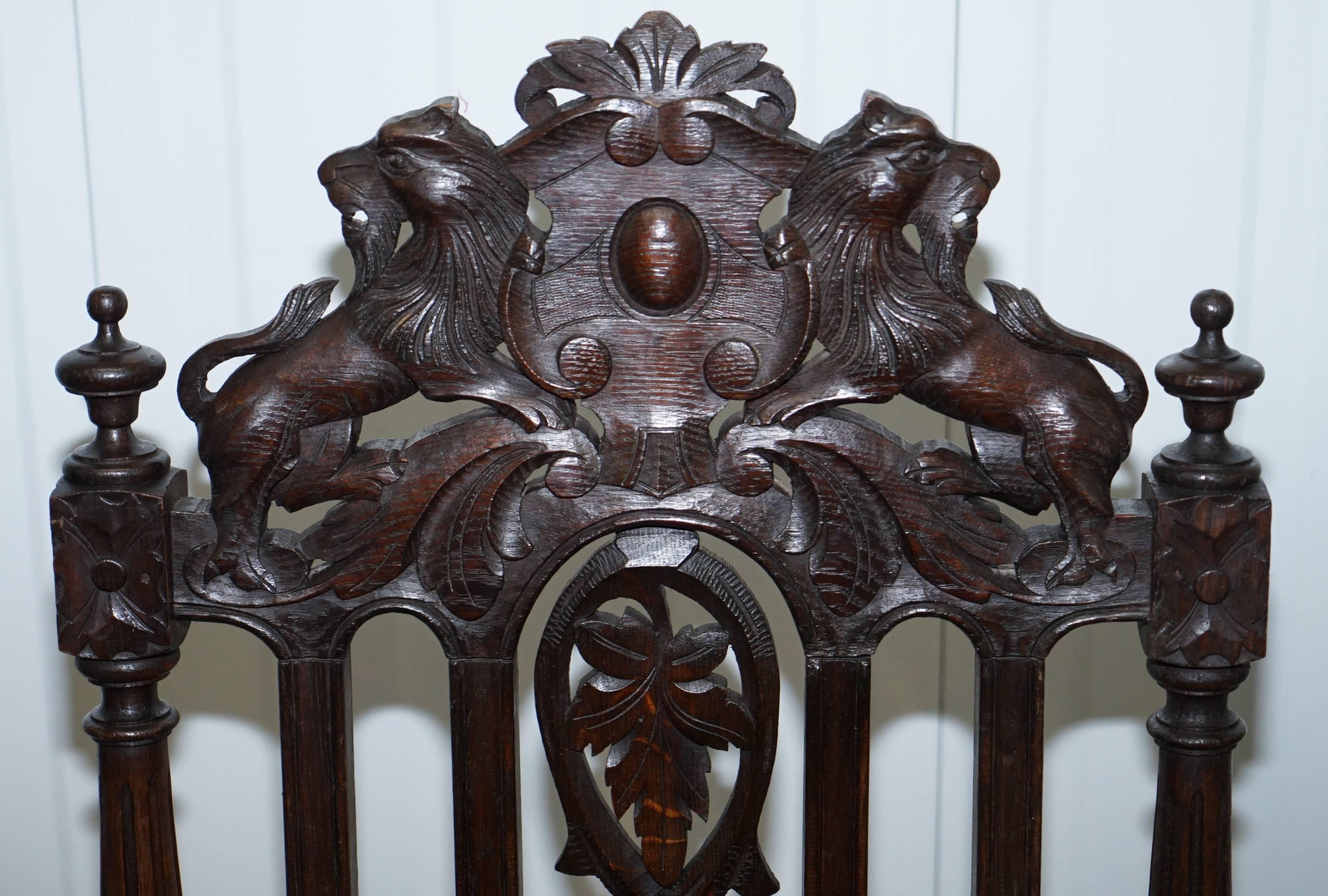 Set of Eight Hand-Carved Lion Terminal Victorian Dining Chairs Jacobean Manor 10