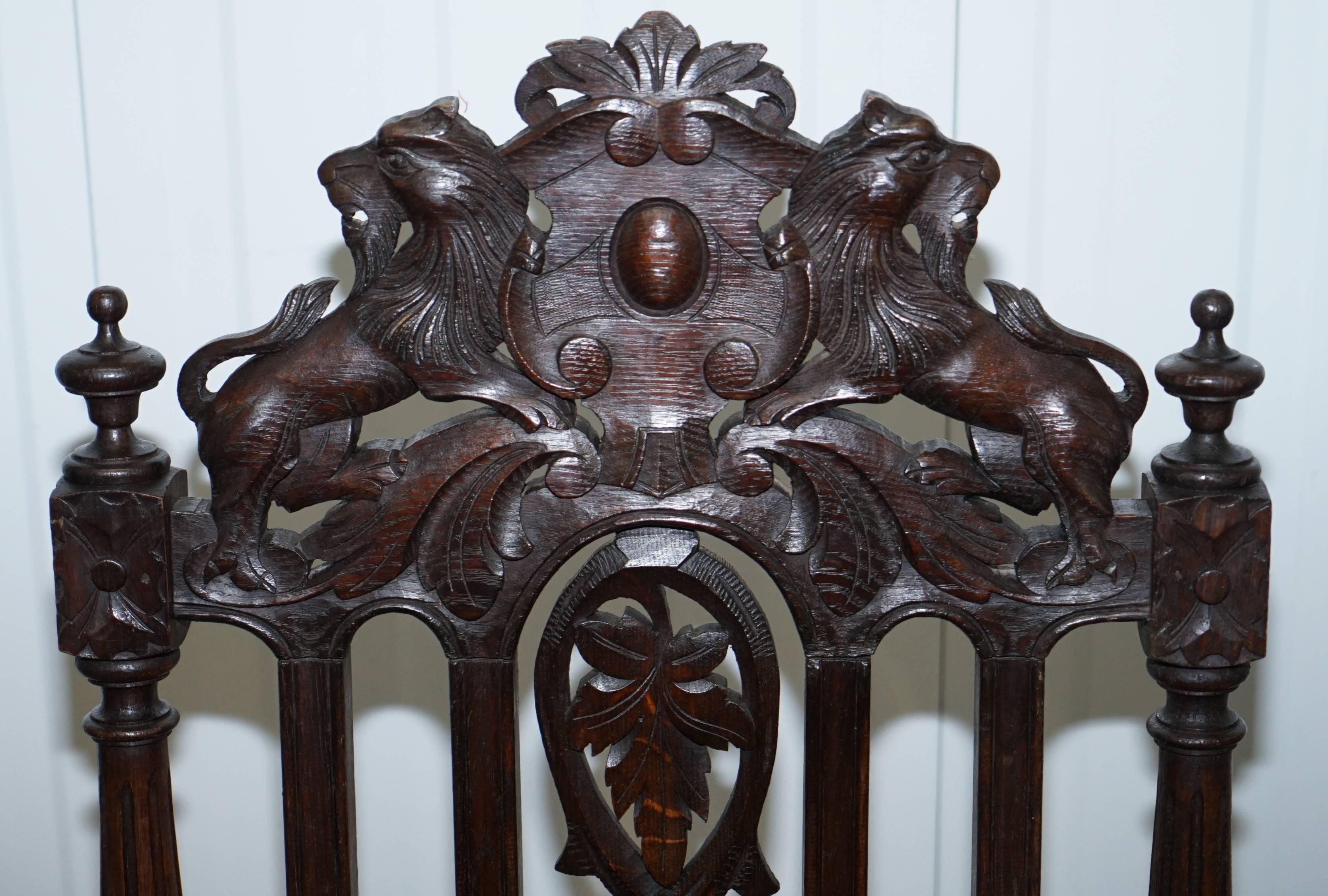 Set of Eight Hand-Carved Lion Terminal Victorian Dining Chairs Jacobean Manor 9