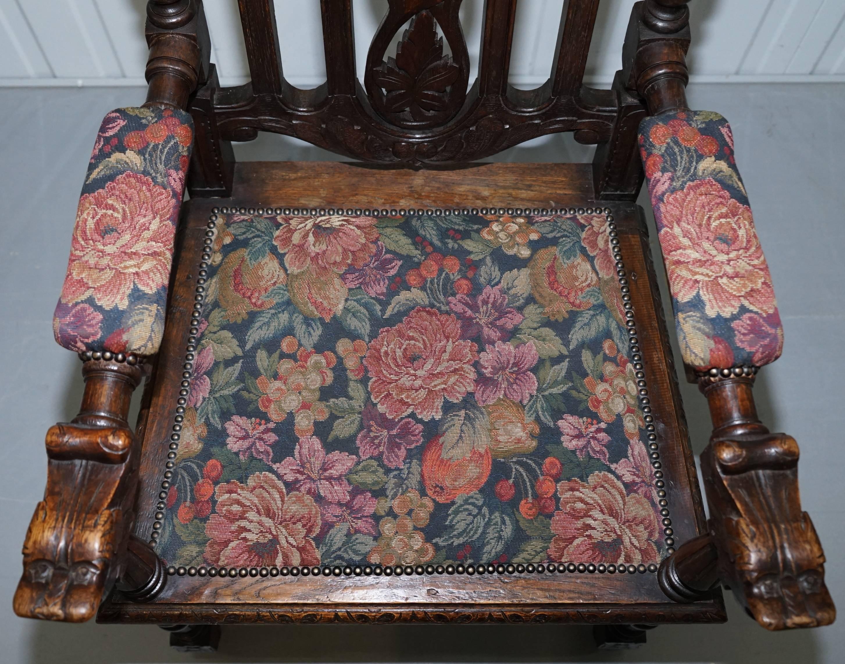 Set of Eight Hand-Carved Lion Terminal Victorian Dining Chairs Jacobean Manor 12