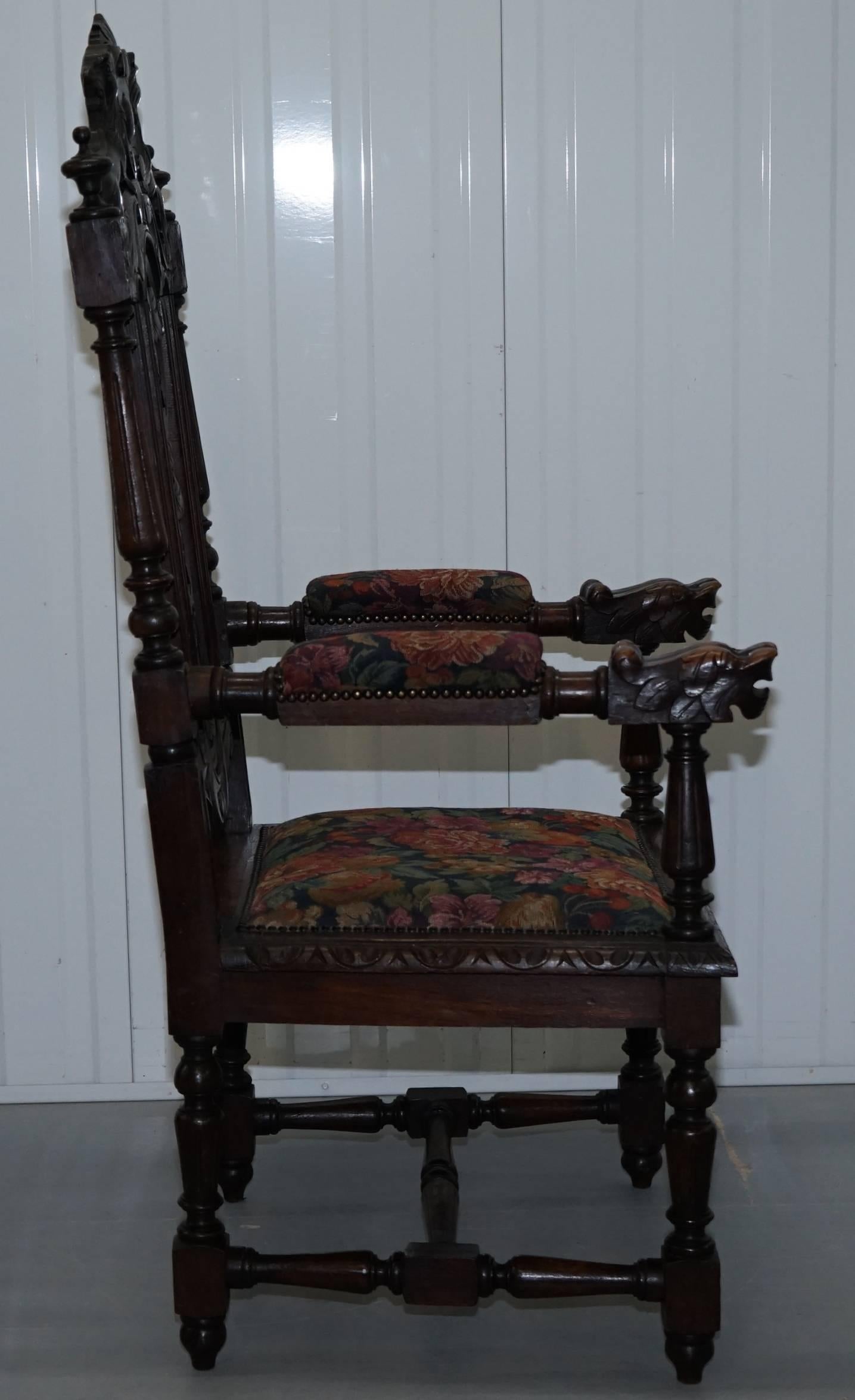 Set of Eight Hand-Carved Lion Terminal Victorian Dining Chairs Jacobean Manor 13