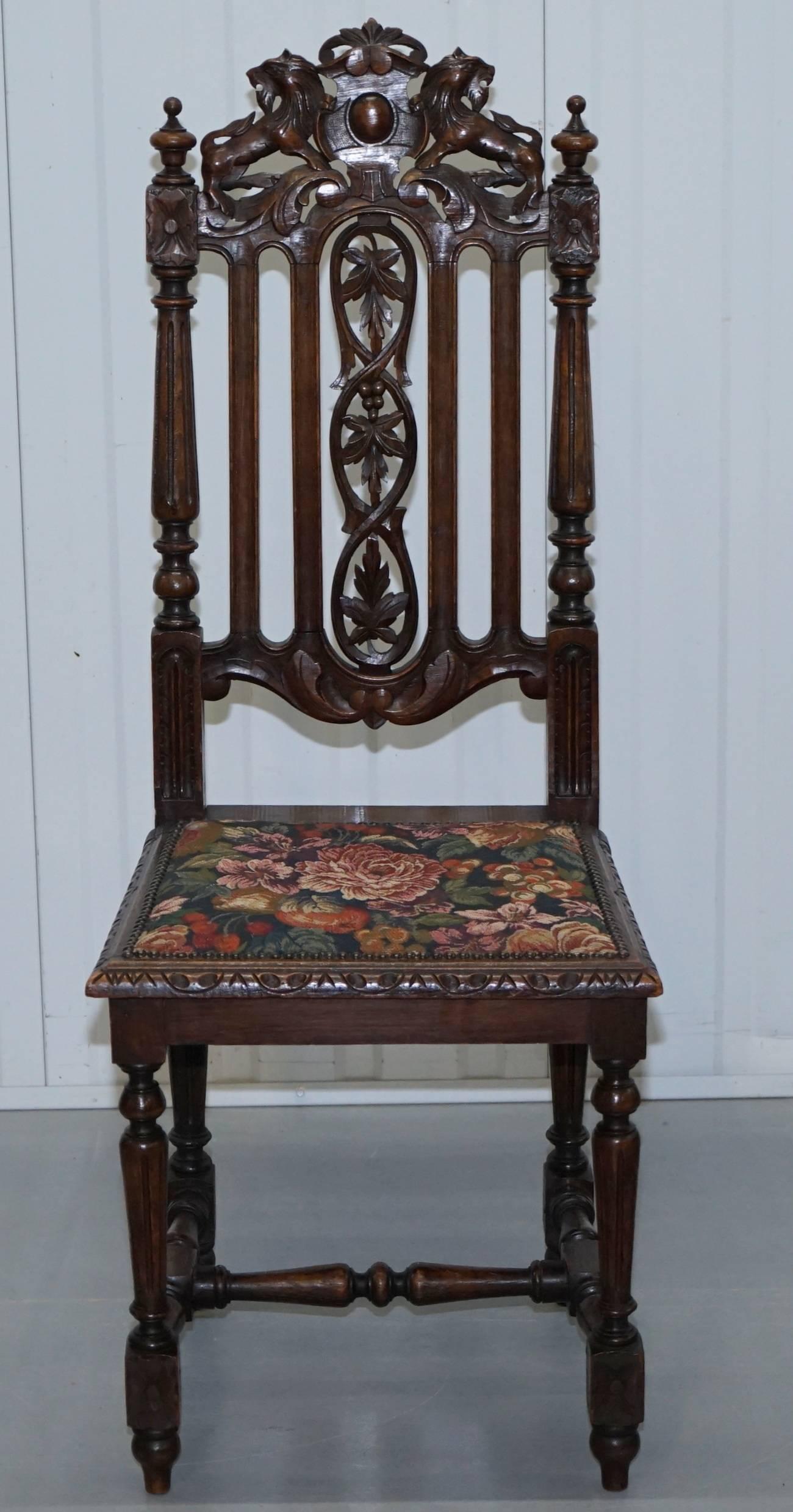 British Set of Eight Hand-Carved Lion Terminal Victorian Dining Chairs Jacobean Manor