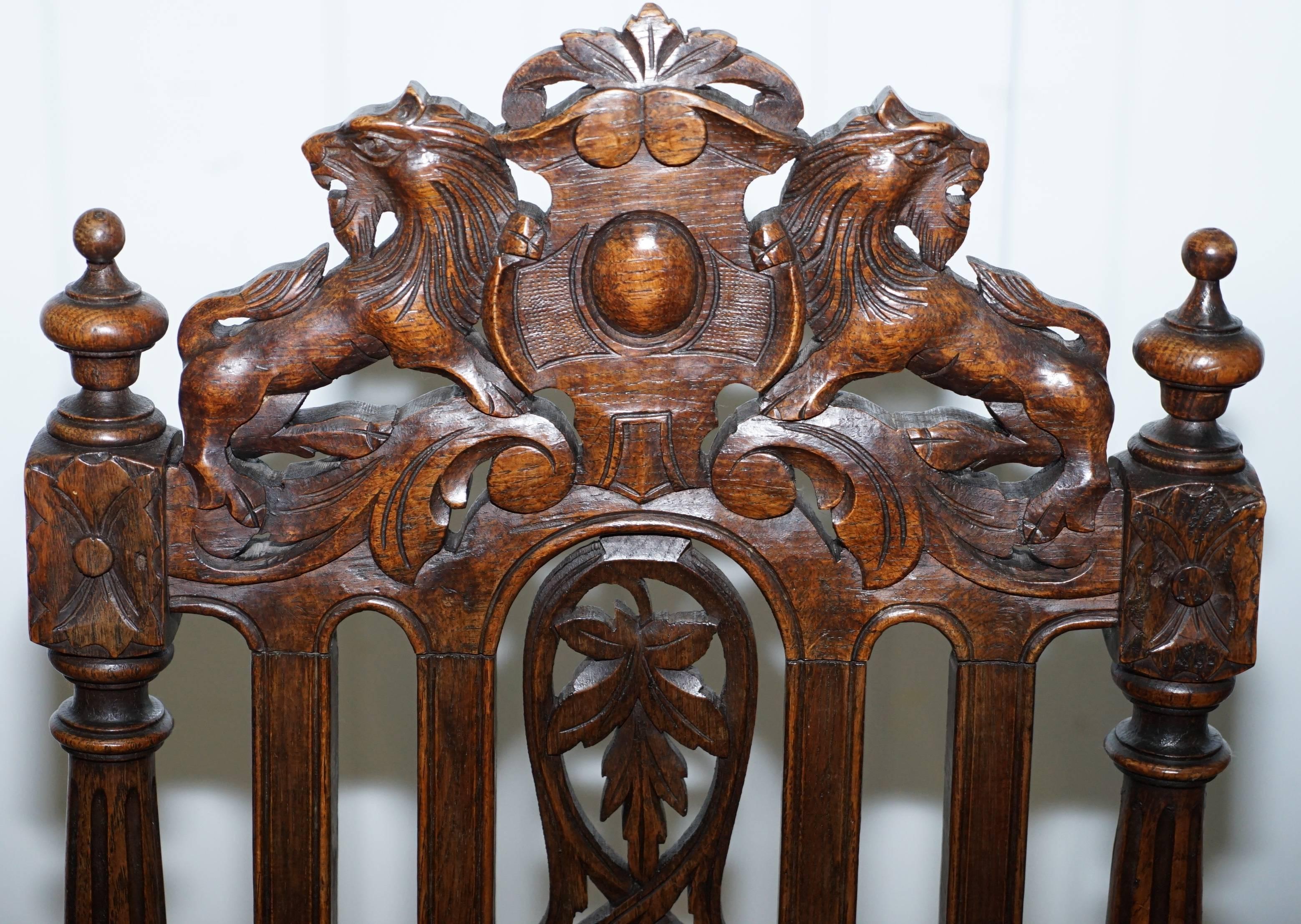 19th Century Set of Eight Hand-Carved Lion Terminal Victorian Dining Chairs Jacobean Manor