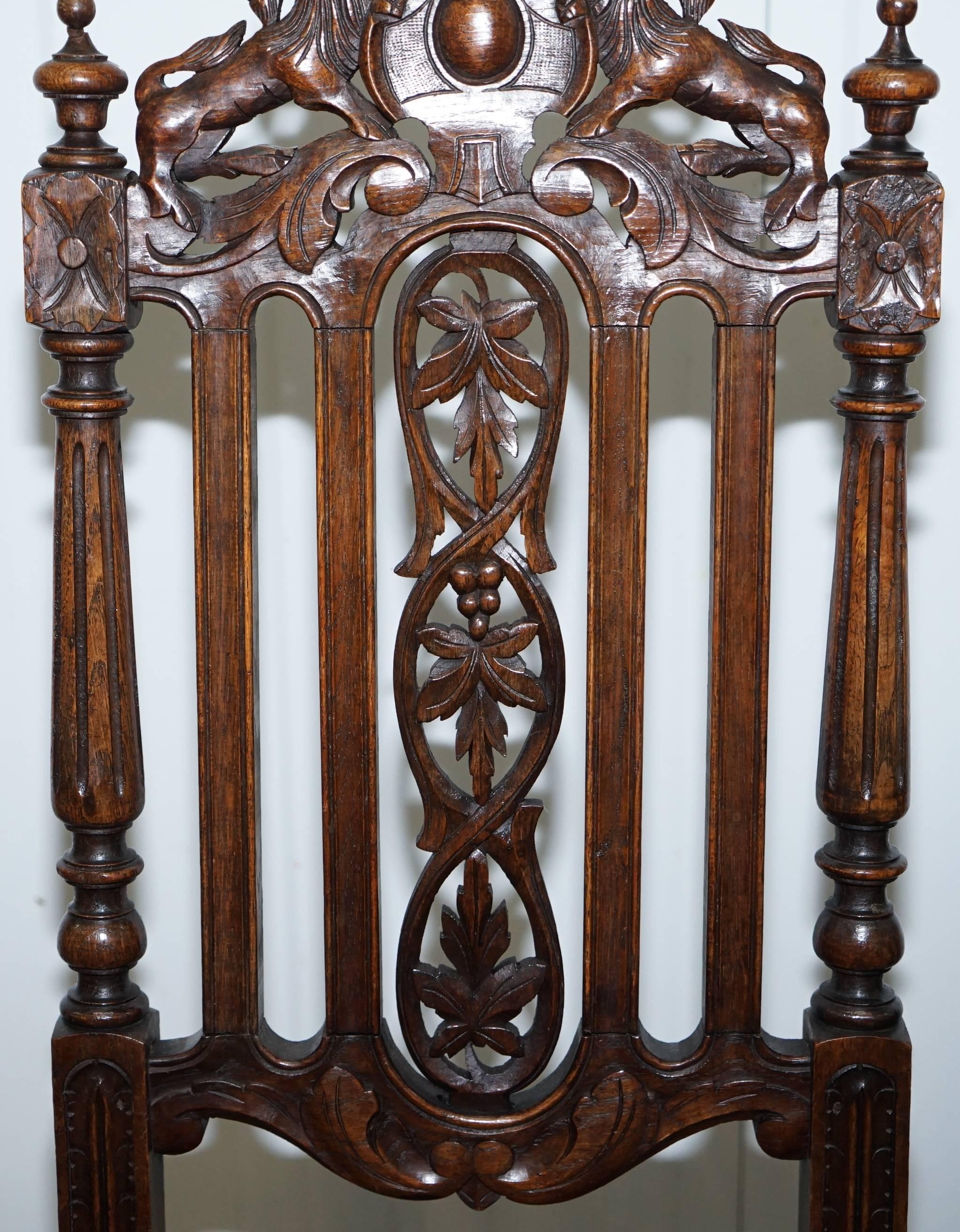 Oak Set of Eight Hand-Carved Lion Terminal Victorian Dining Chairs Jacobean Manor