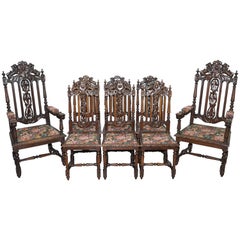 Set of Eight Hand-Carved Lion Terminal Victorian Dining Chairs Jacobean Manor