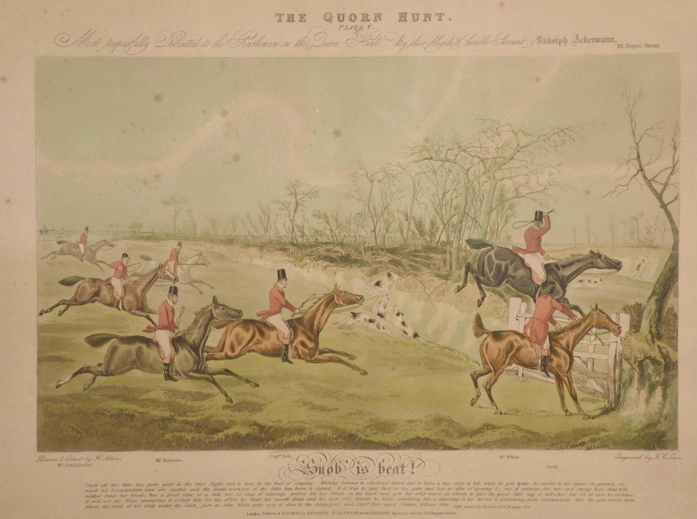 set of eight 19th-century hand-coloured Quorn Hunt prints after Henry Alken, published by Ackermann in 1835. Encased in oak frames.
Dimensions
Height 24 Inches
Width 31 Inches
Depth 1.5 Inches