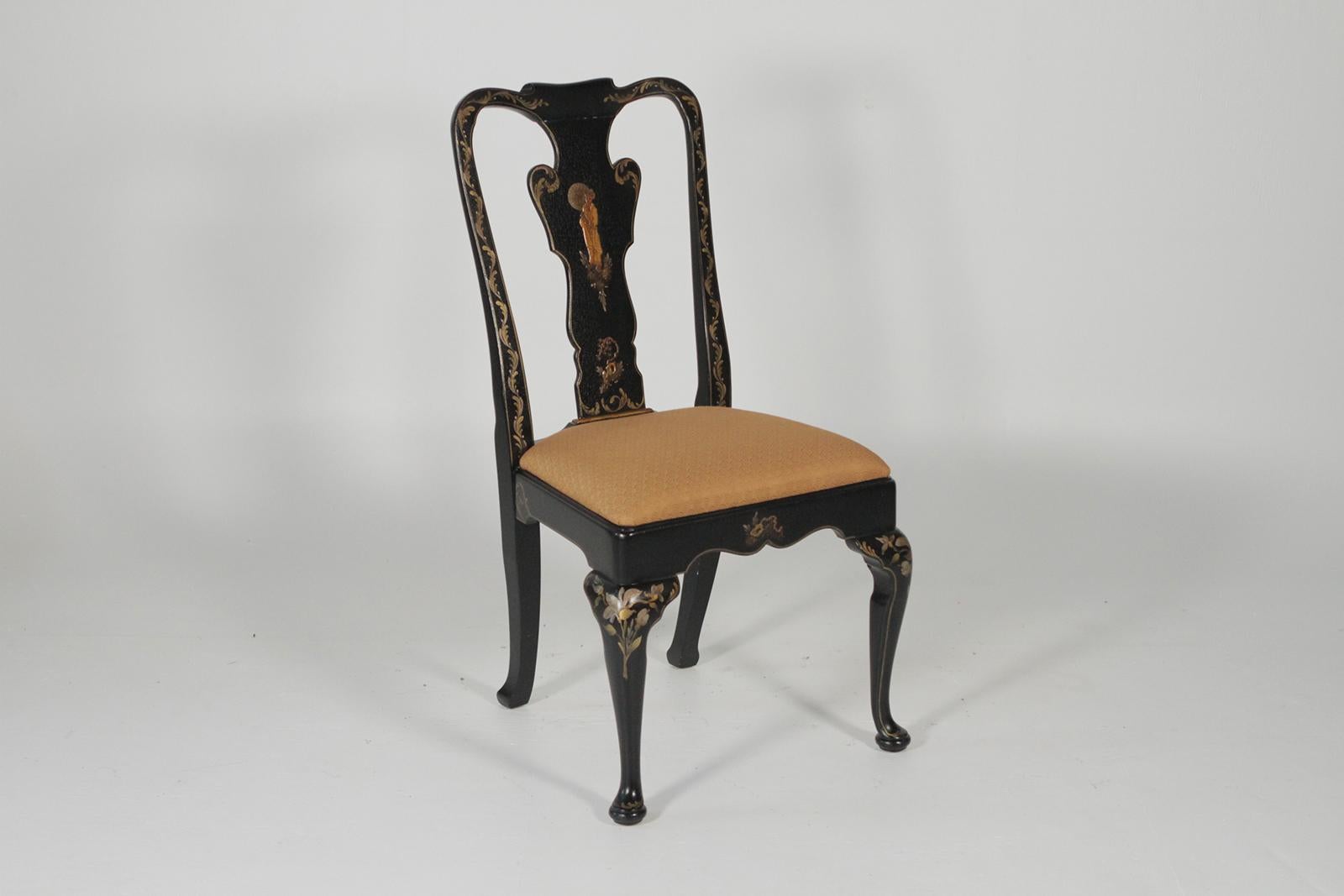 Set of Eight Hand-Painted and Black Lacquered Chinoiserie Dining Chairs In Excellent Condition In Lambertville, NJ