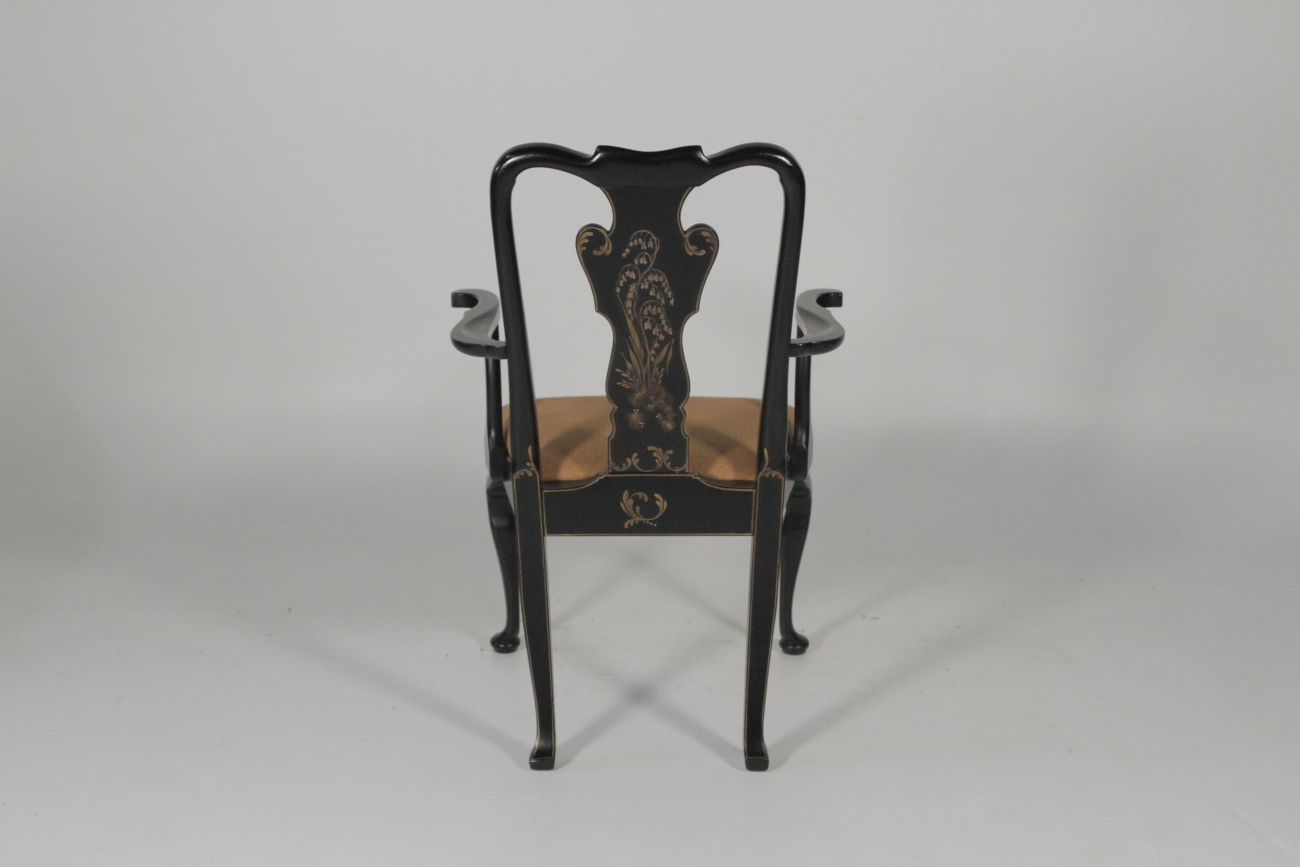 Hardwood Set of Eight Hand-Painted and Black Lacquered Chinoiserie Dining Chairs