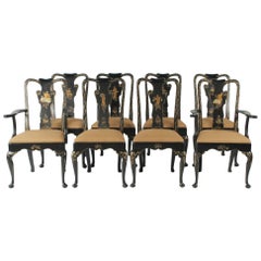 Set of Eight Hand-Painted and Black Lacquered Chinoiserie Dining Chairs