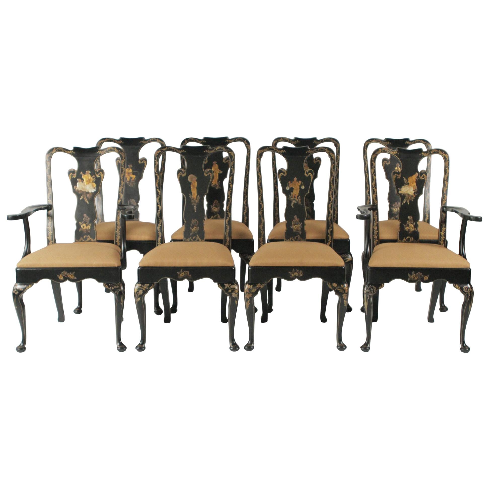 Set of Eight Hand-Painted and Black Lacquered Chinoiserie Dining Chairs