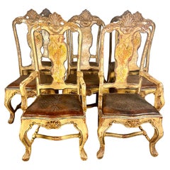 Set of Eight Hand-Painted Italian Dining Chairs with Leather Seats, 20th Century