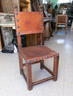 Set of Eight Handmade Wooden and Studded Leather Chairs