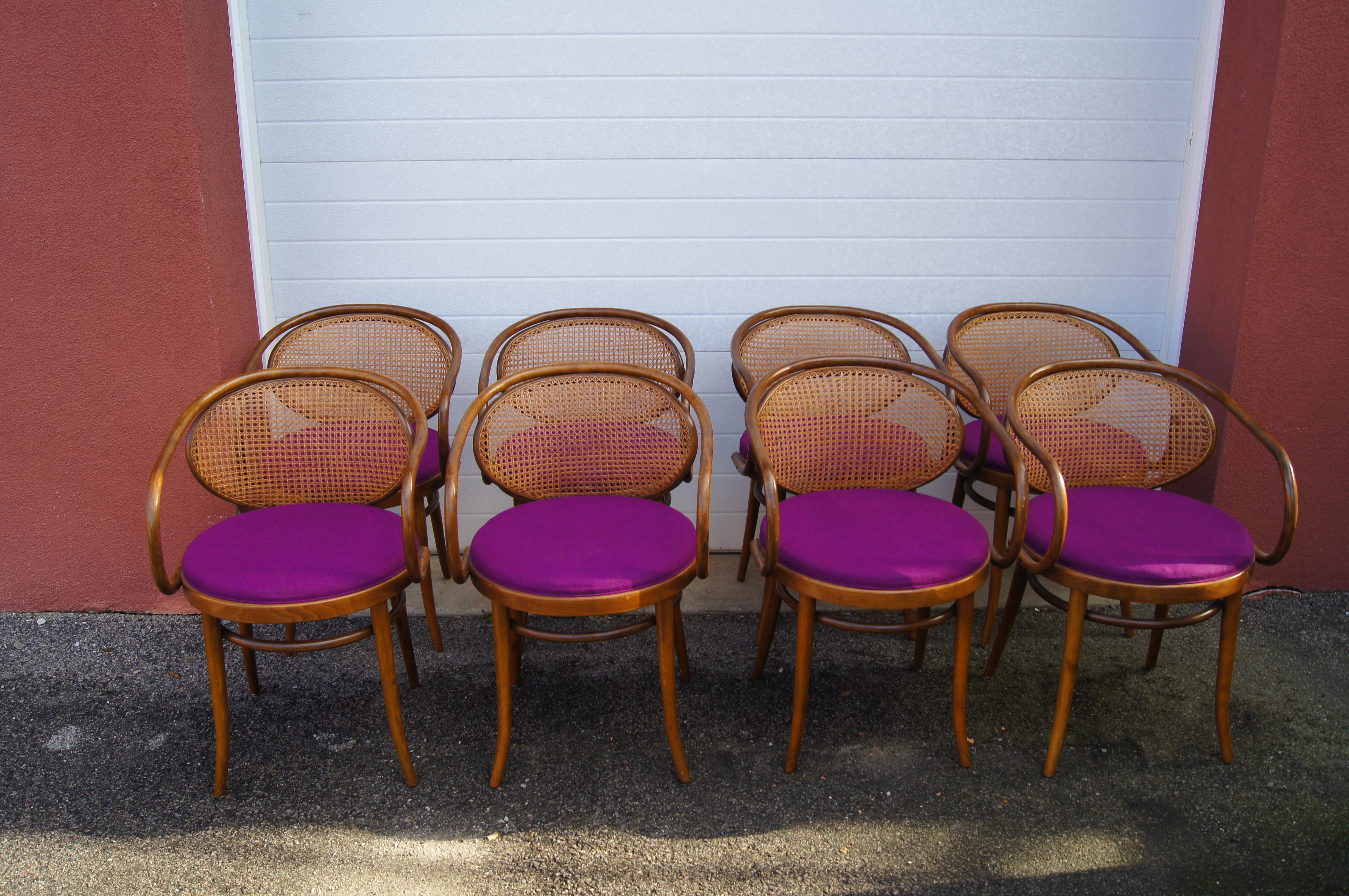 Fabriqué en Tchécoslovaquie, cet ensemble de huit fauteuils 210 par Stendig présente des cadres en bois courbé avec une belle patine et des dossiers et sièges en canne tissée à la main.

Un propriétaire précédent a ajouté un textile violet vibrant