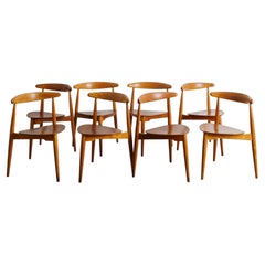 Set of Eight Hans J Wegner FH 4103 Heart Chairs in Teak & Beech Denmark, 1950s
