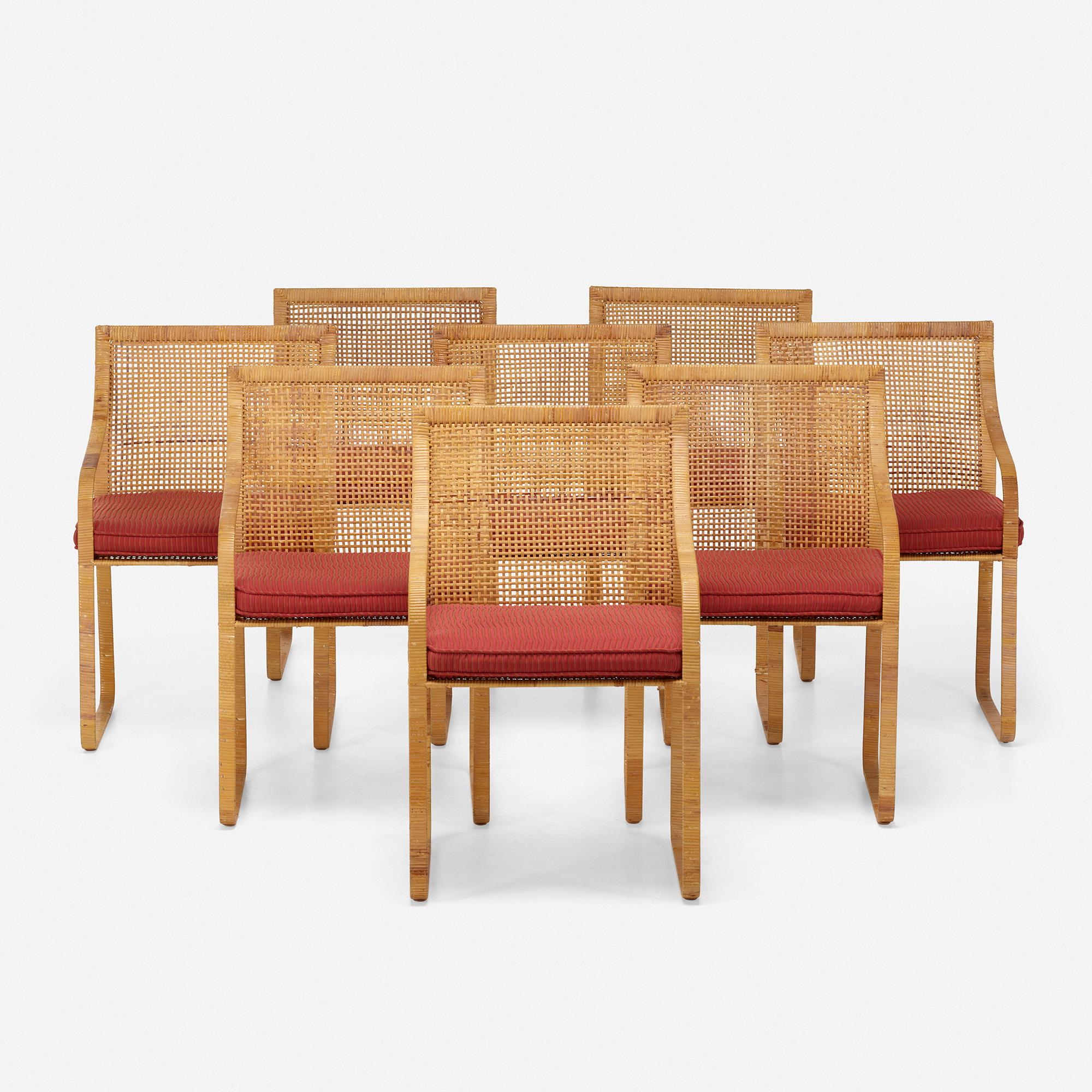 Made by: Harvey Probber, Inc., USA, c. 1975

Material: woven latania over steel, upholstery

Size: 21.5 W × 20 D × 35 H in seat height 19.75 inches

Description: Classique dining chairs model 8071C from the Artisan Collection.