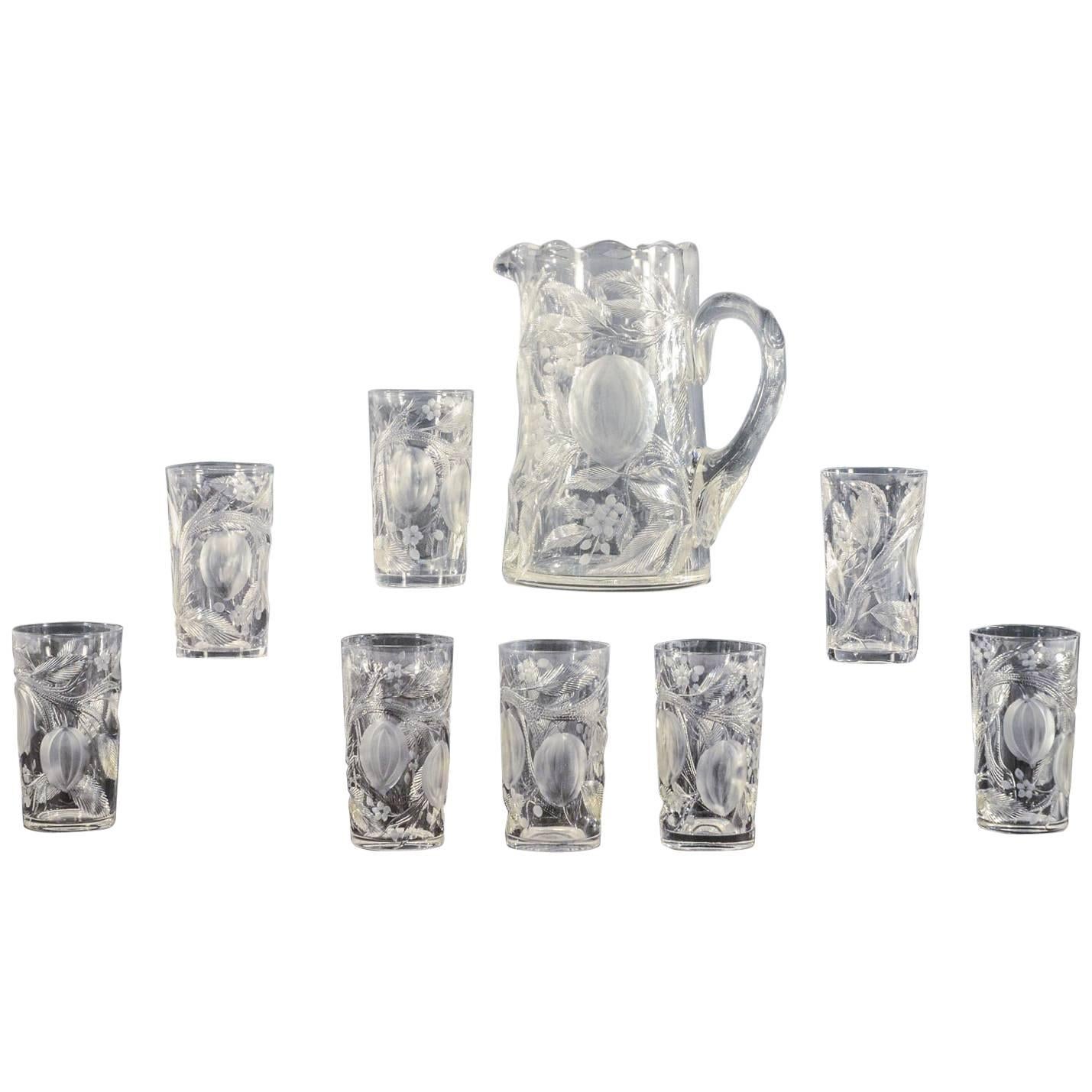 Set of Eight Hawkes Gravic Hand Blown Crystal Tumblers and Matching Pitcher