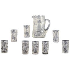 Set of Eight Hawkes Gravic Hand Blown Crystal Tumblers and Matching Pitcher