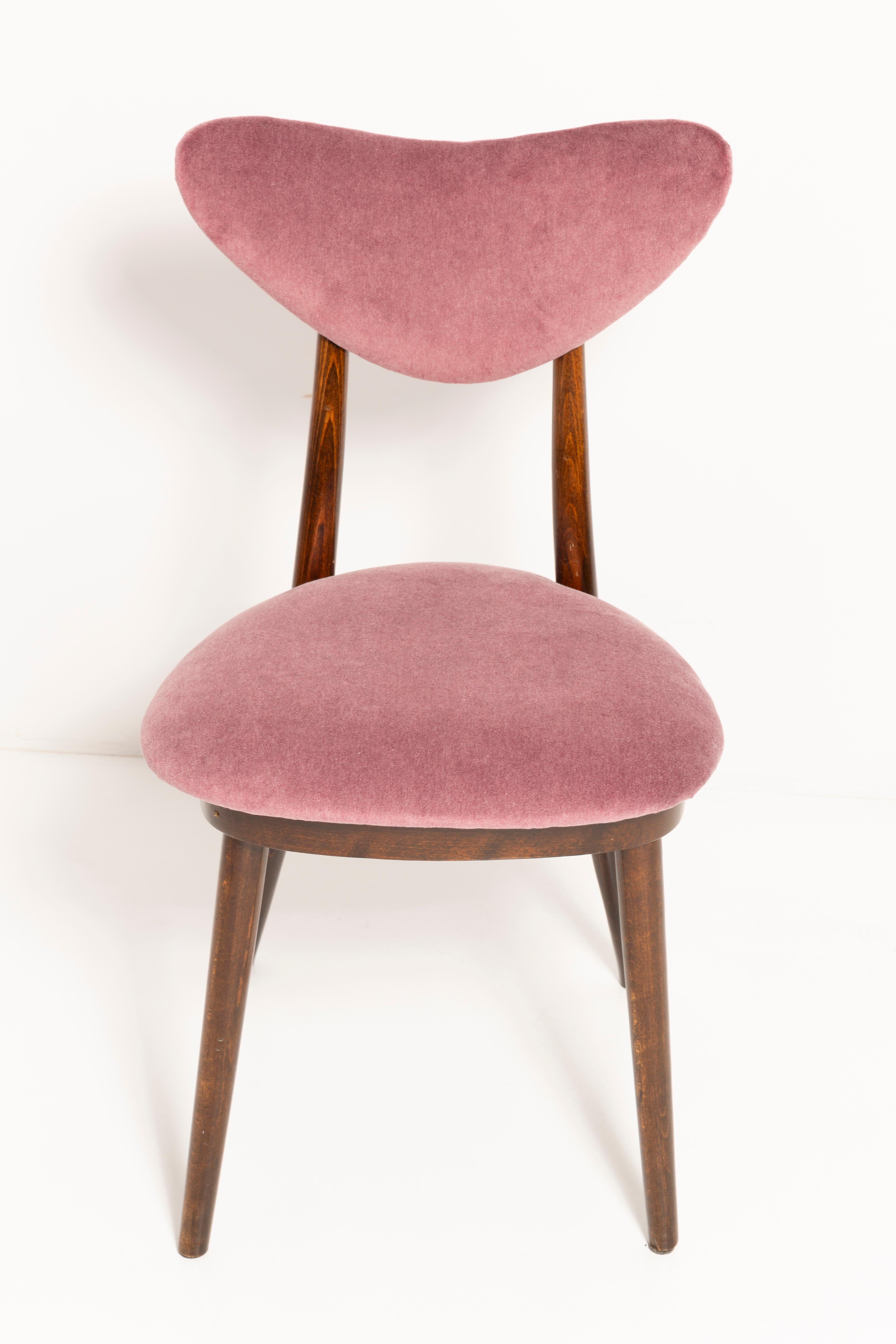 Mid-Century Modern Ensemble de huit chaises en forme de cœur, rose orange bourgogne et velours violet, Europe, années 1960 en vente
