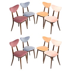 Set di otto sedie a cuore, velluto rosa, arancione, bordeaux e viola, Europa, anni '60