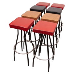 Set Of Eight Heigh Bar Stools, Red, Black and Brown, 1960s