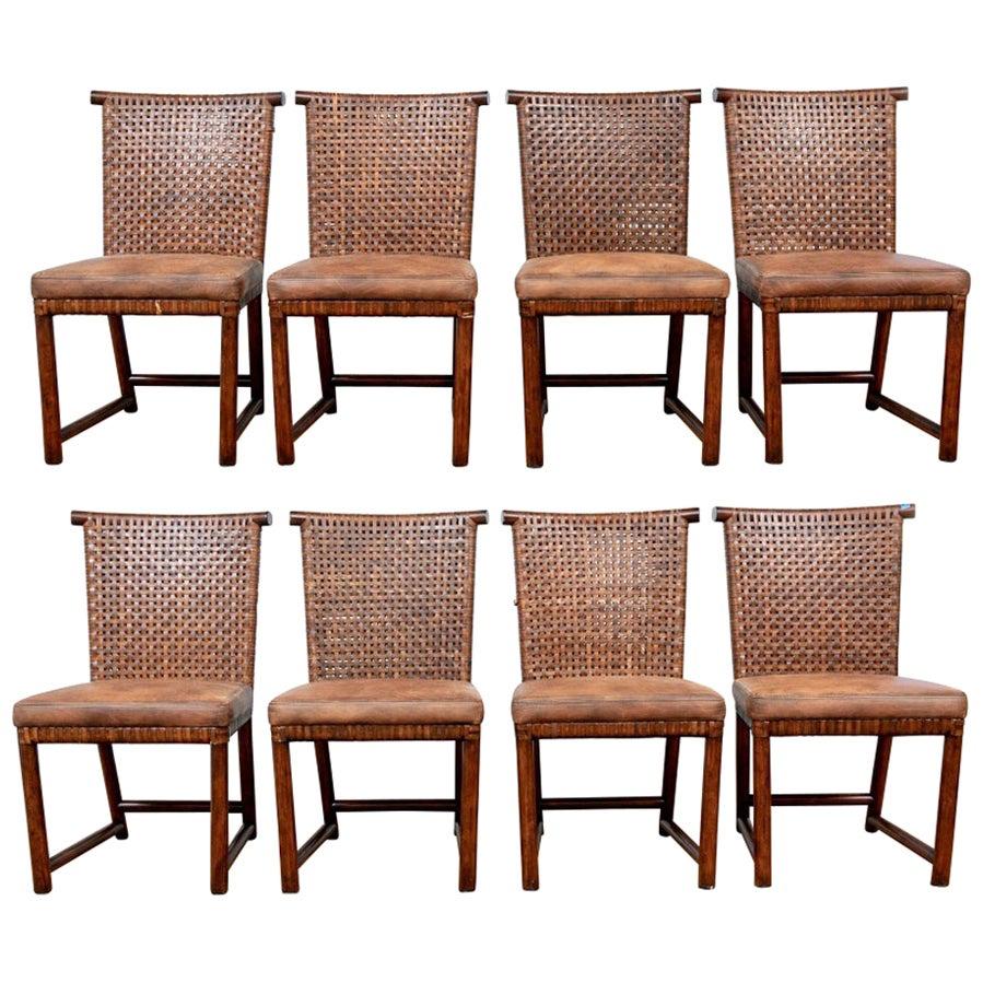 Set of Eight Henredon Leather Strap Dining Chairs