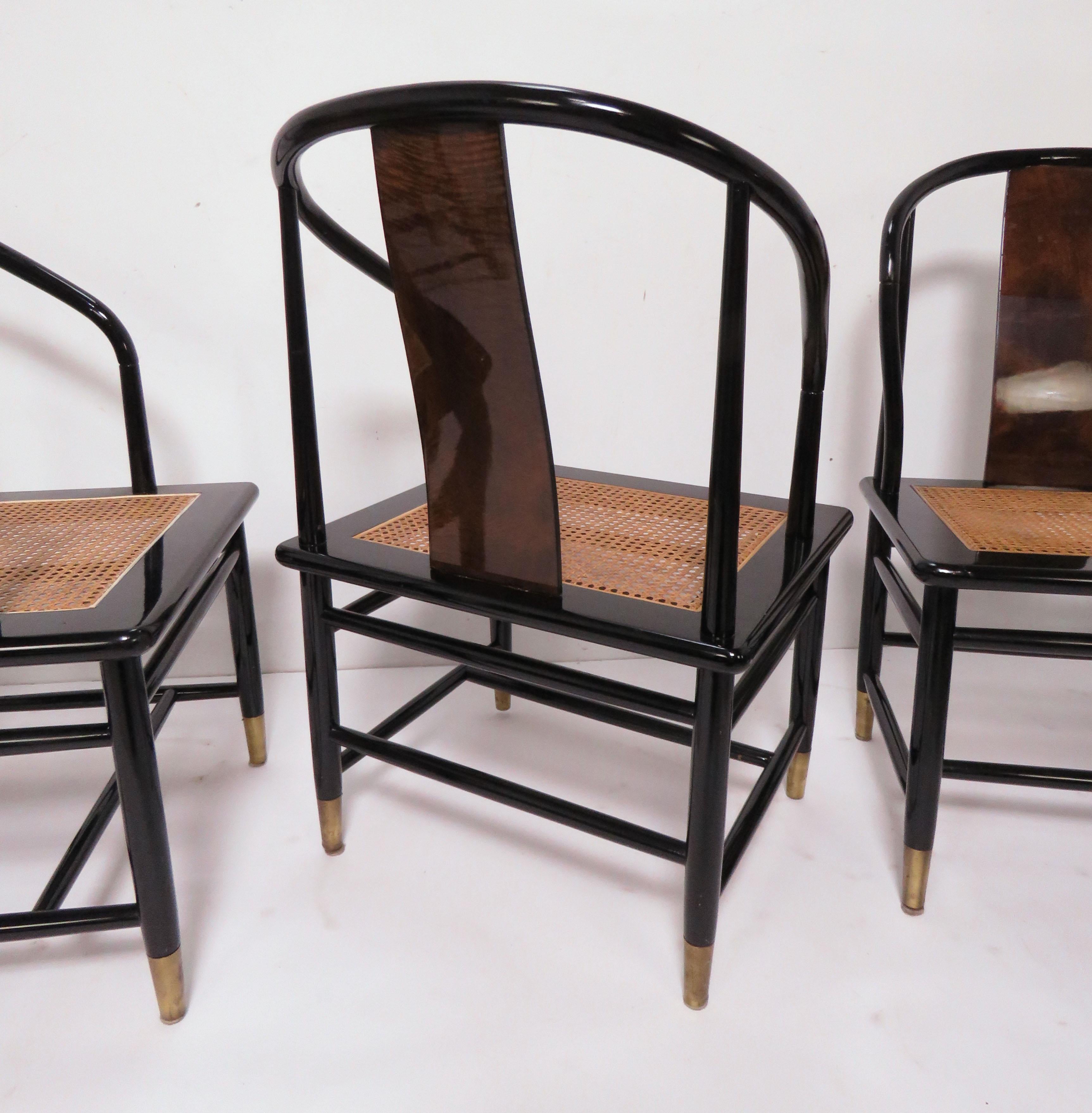 Cane Set of Eight Henredon Scene III Lacquer and Burl Dining Chairs