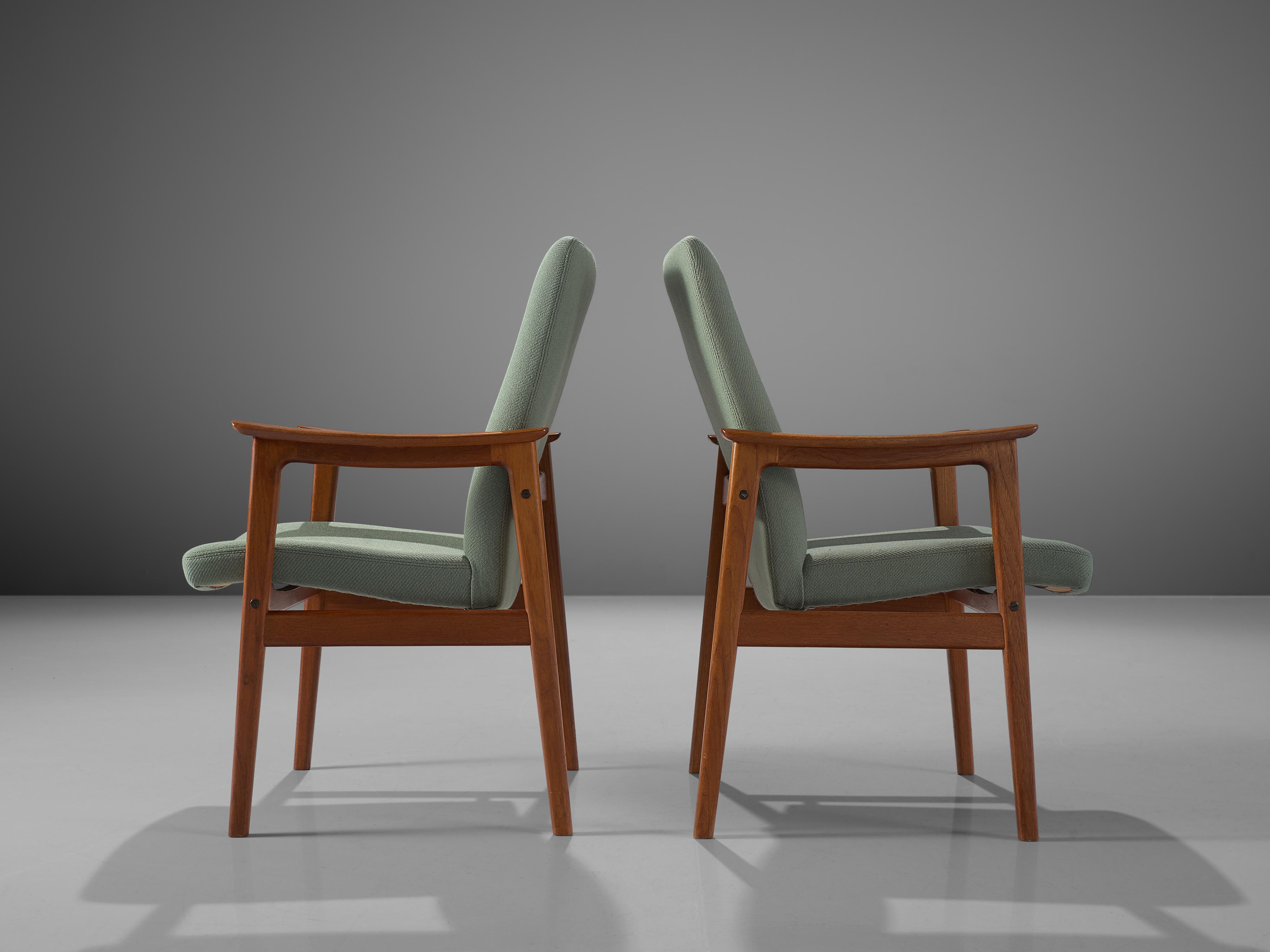 Mid-20th Century Scandinavian Set of Eight High Back Armchairs in Teak and Mint Green Fabric