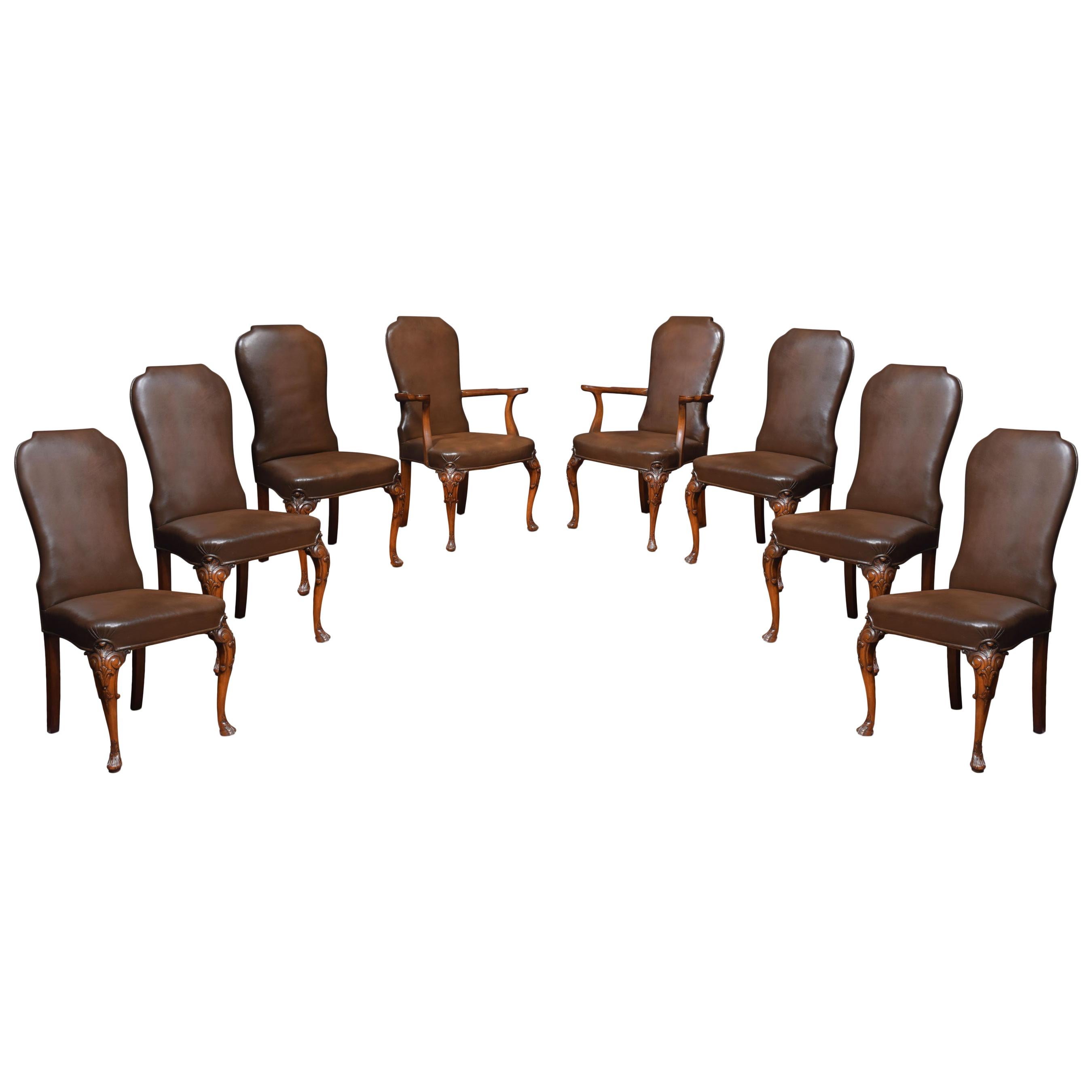 Set of Eight High Back Brown Leather Upholstered Dining Chairs