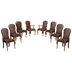 Antique Set of Eight High Back Brown Leather Upholstered Dining Chairs