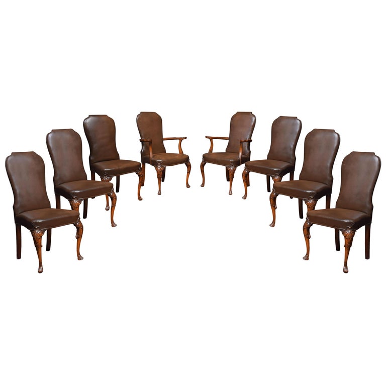 Set Of Eight High Back Brown Leather, Brown Leather High Back Dining Chairs