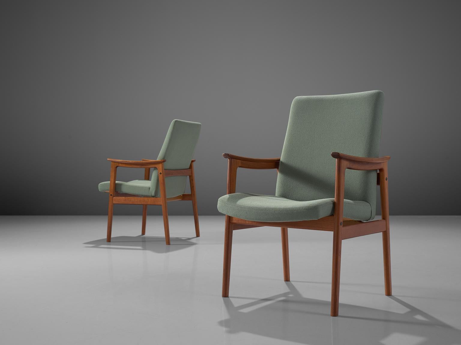 Scandinavian Set of Eight High Back Armchairs in Teak and Mint Green Fabric