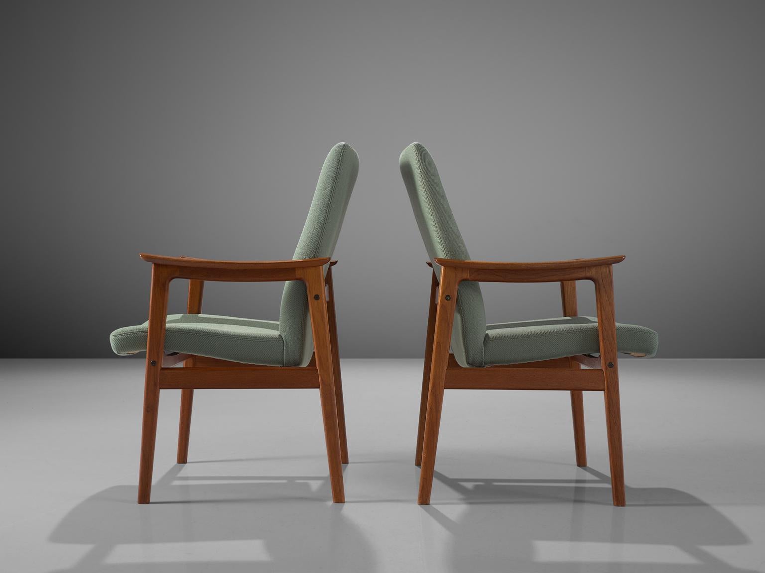 Set of Eight High Back Armchairs in Teak and Mint Green Fabric In Good Condition In Waalwijk, NL