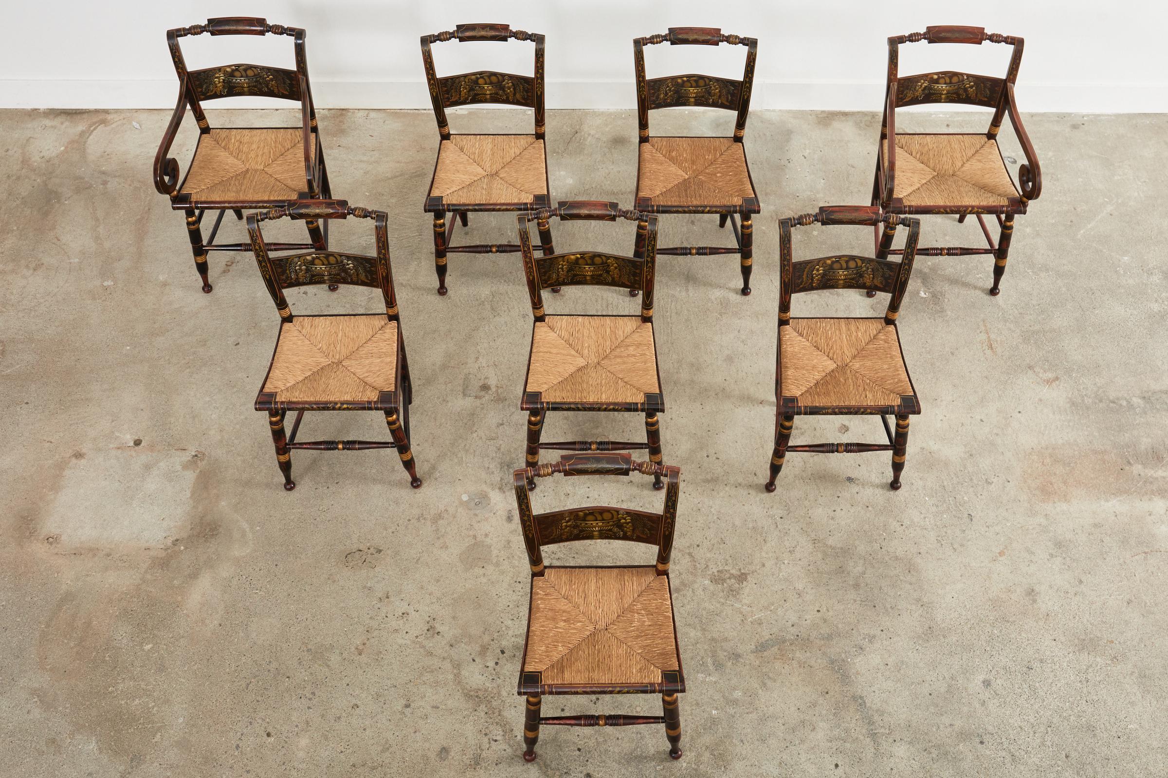 American Classical Set of Eight Hitchcock Style Stenciled Rush Seat Dining Chairs
