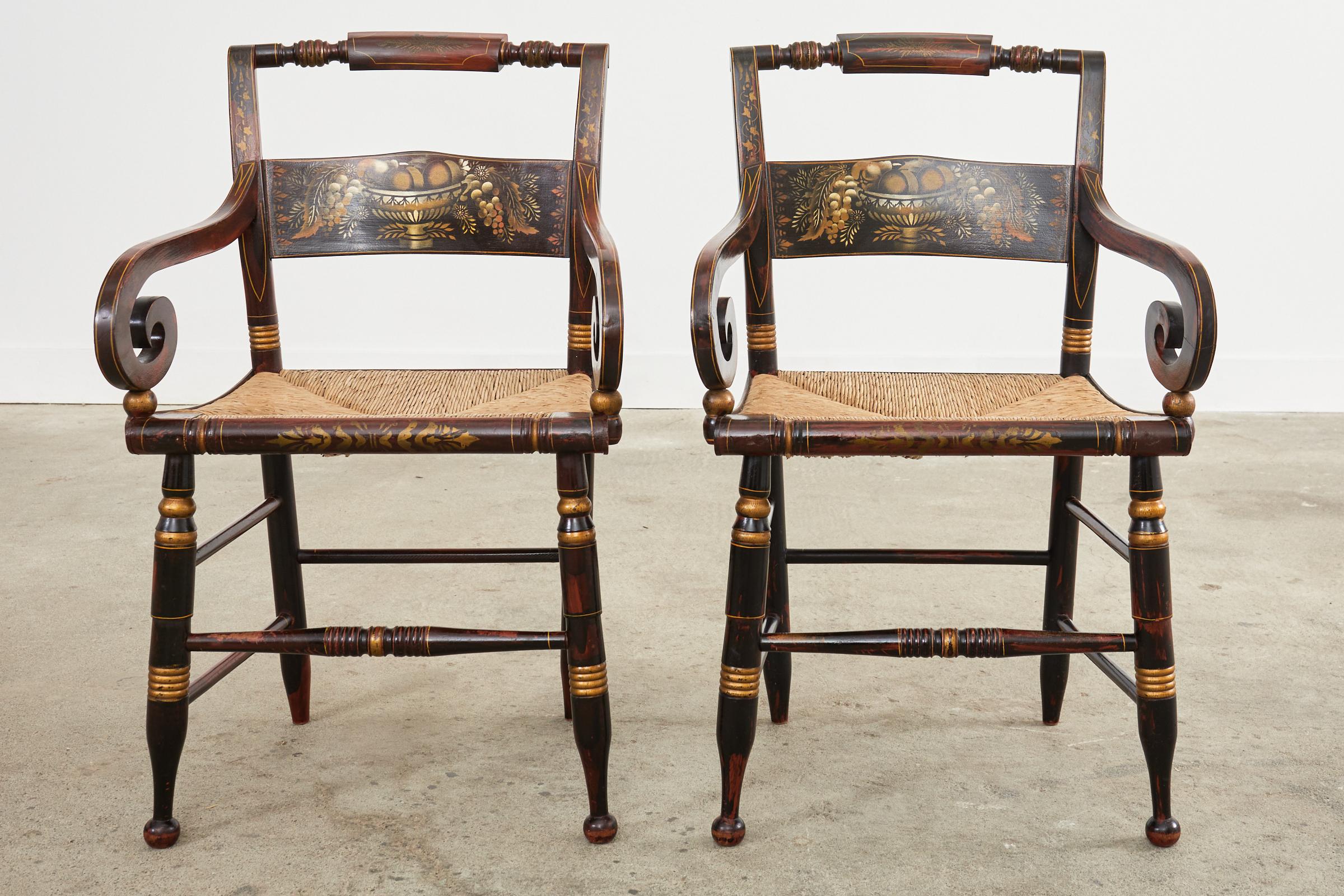 American Set of Eight Hitchcock Style Stenciled Rush Seat Dining Chairs