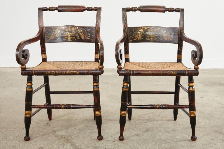 Set of Eight Hitchcock Style Stenciled Rush Seat Dining Chairs For Sale