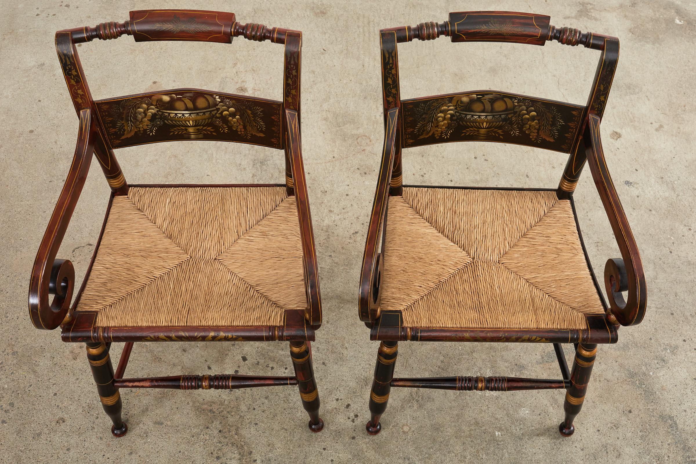 Set of Eight Hitchcock Style Stenciled Rush Seat Dining Chairs In Good Condition In Rio Vista, CA
