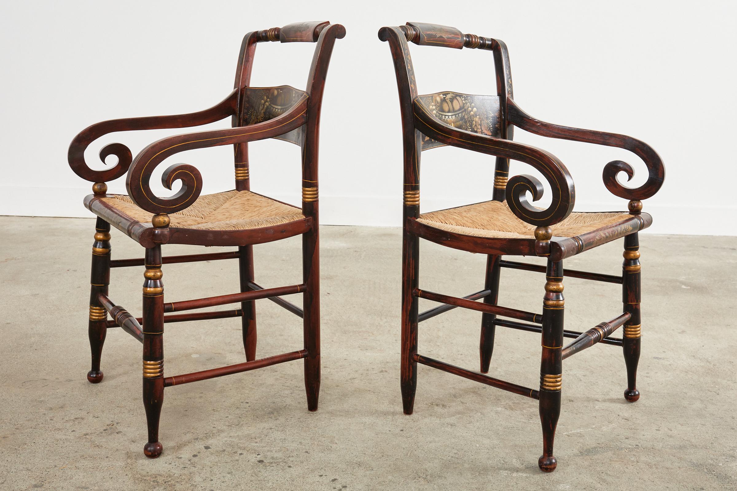 20th Century Set of Eight Hitchcock Style Stenciled Rush Seat Dining Chairs