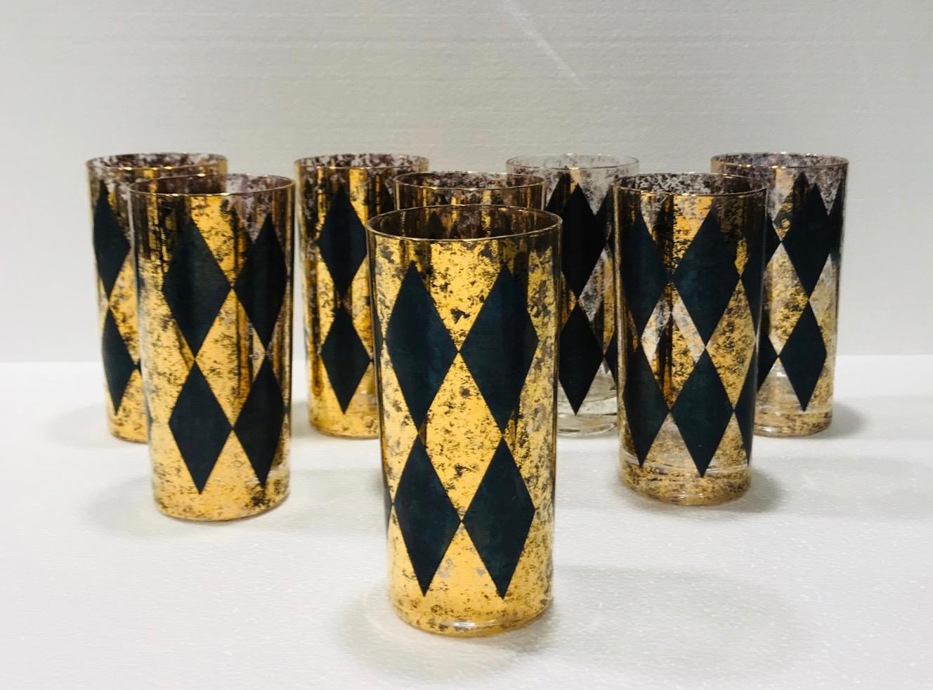 Set of Eight Hollywood Regency Barware Glasses in Gold and Black, 1960s 3