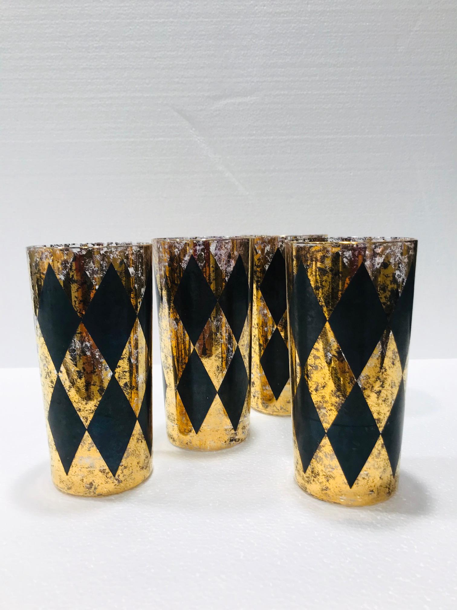 American Set of Eight Hollywood Regency Barware Glasses in Gold and Black, 1960s