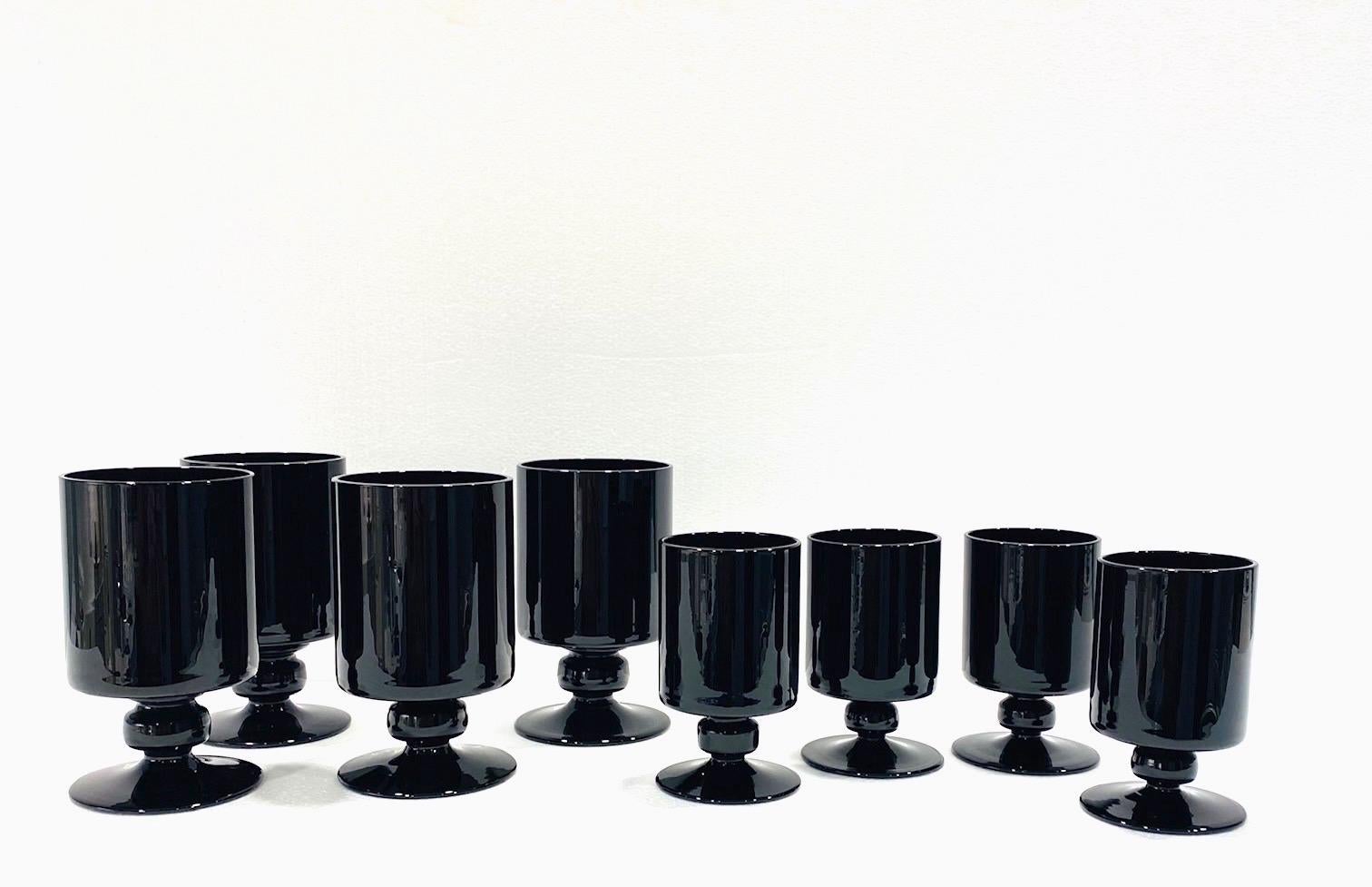 Czech Set of Eight Hollywood Regency Black Opaque Crystal Stemware Glasses circa 1980s
