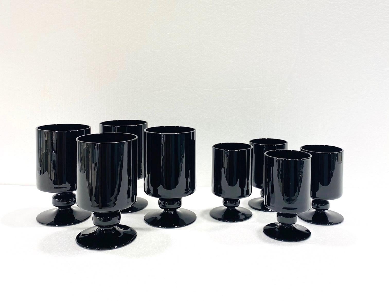 Late 20th Century Set of Eight Hollywood Regency Black Opaque Crystal Stemware Glasses circa 1980s