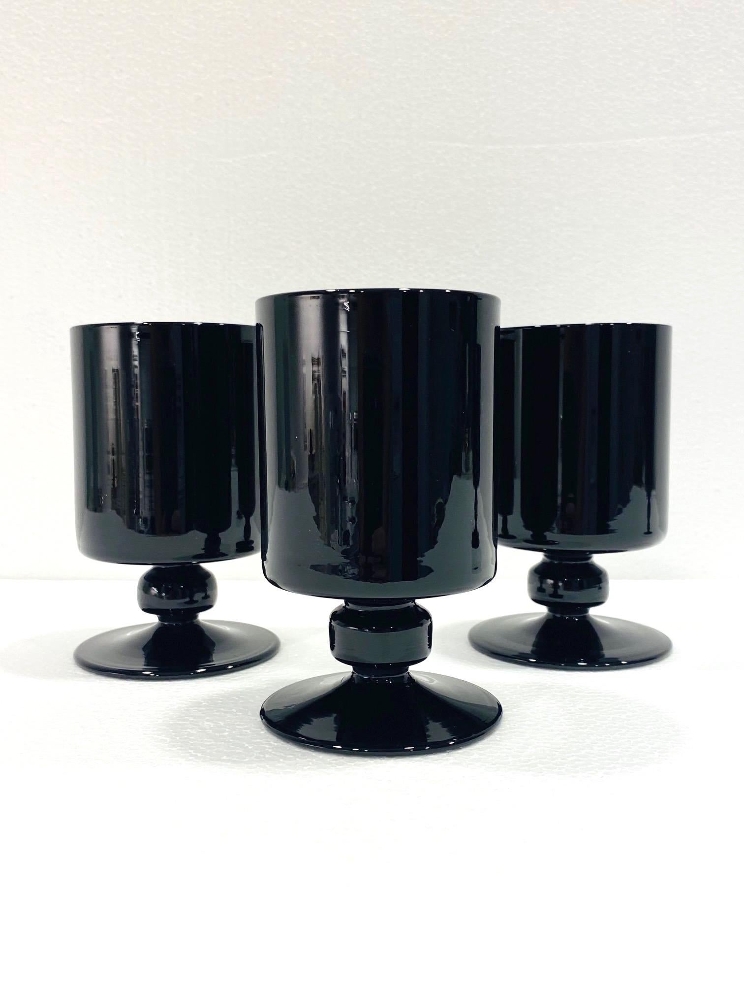 Set of Eight Hollywood Regency Black Opaque Crystal Stemware Glasses circa 1980s 1