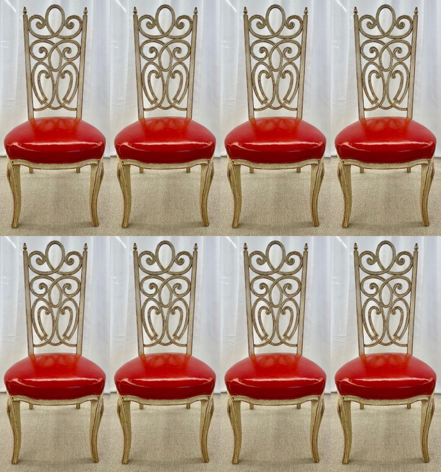 Set von acht Louis Pistono-Esszimmerstühlen im Hollywood-Regency-Stil im Used-Stil (Hollywood Regency) im Angebot